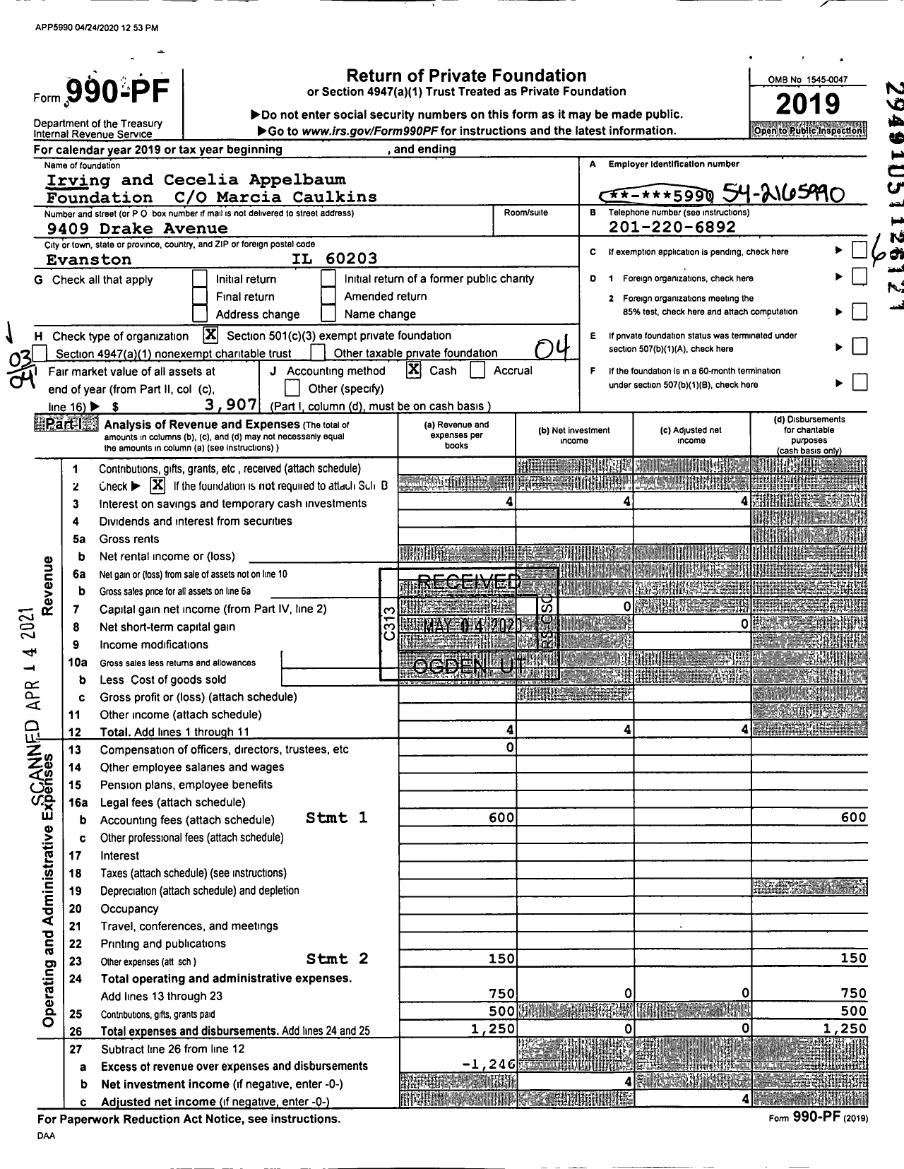 Image of first page of 2019 Form 990PF for Irving and Cecelia Appelbaum Foundation