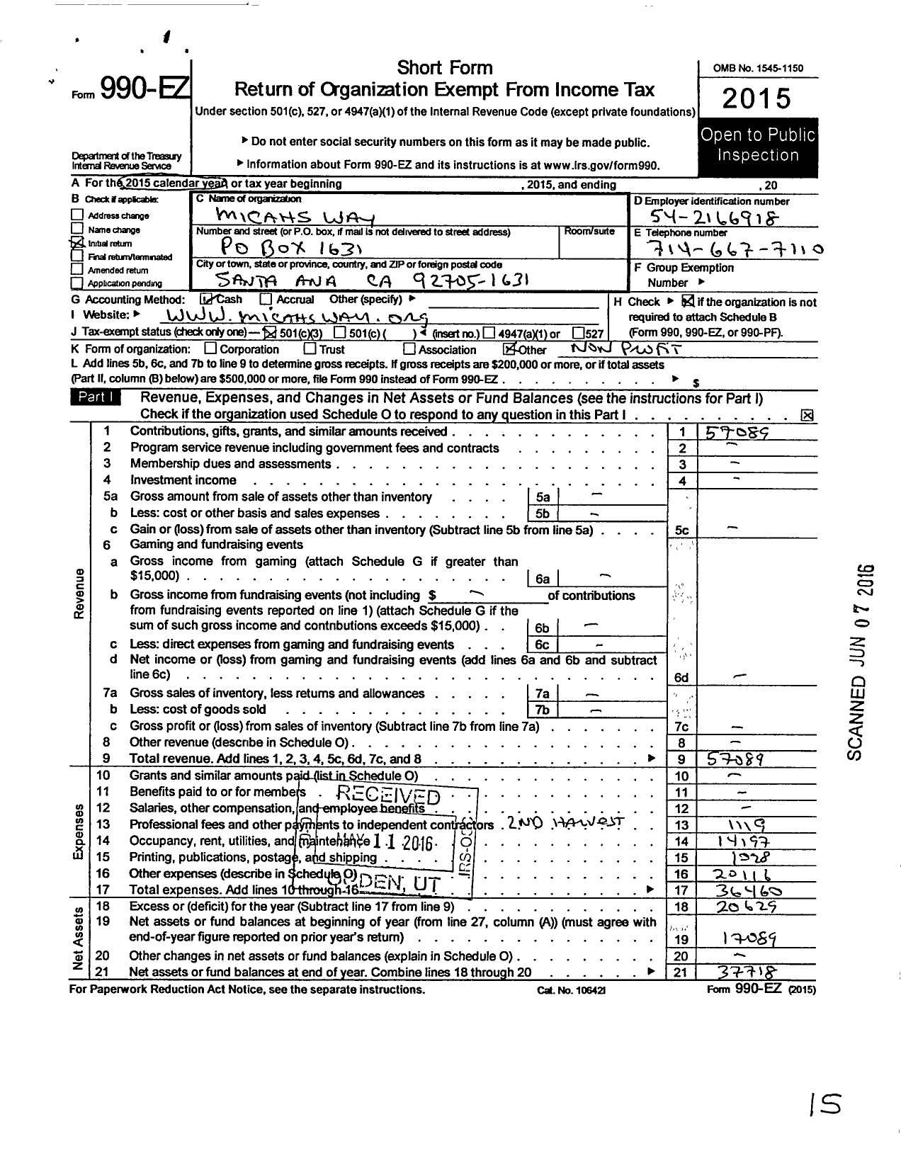 Image of first page of 2015 Form 990EZ for Micahs Way