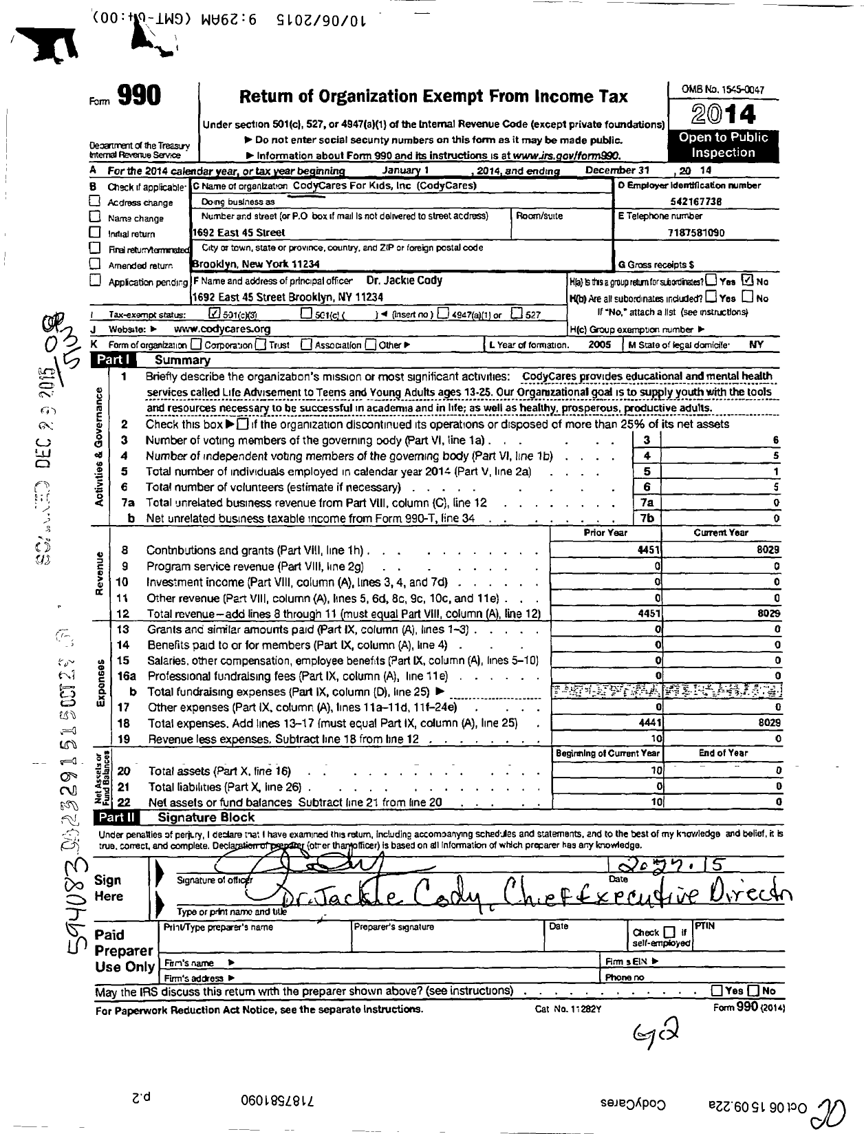 Image of first page of 2014 Form 990 for Codycares for Kids