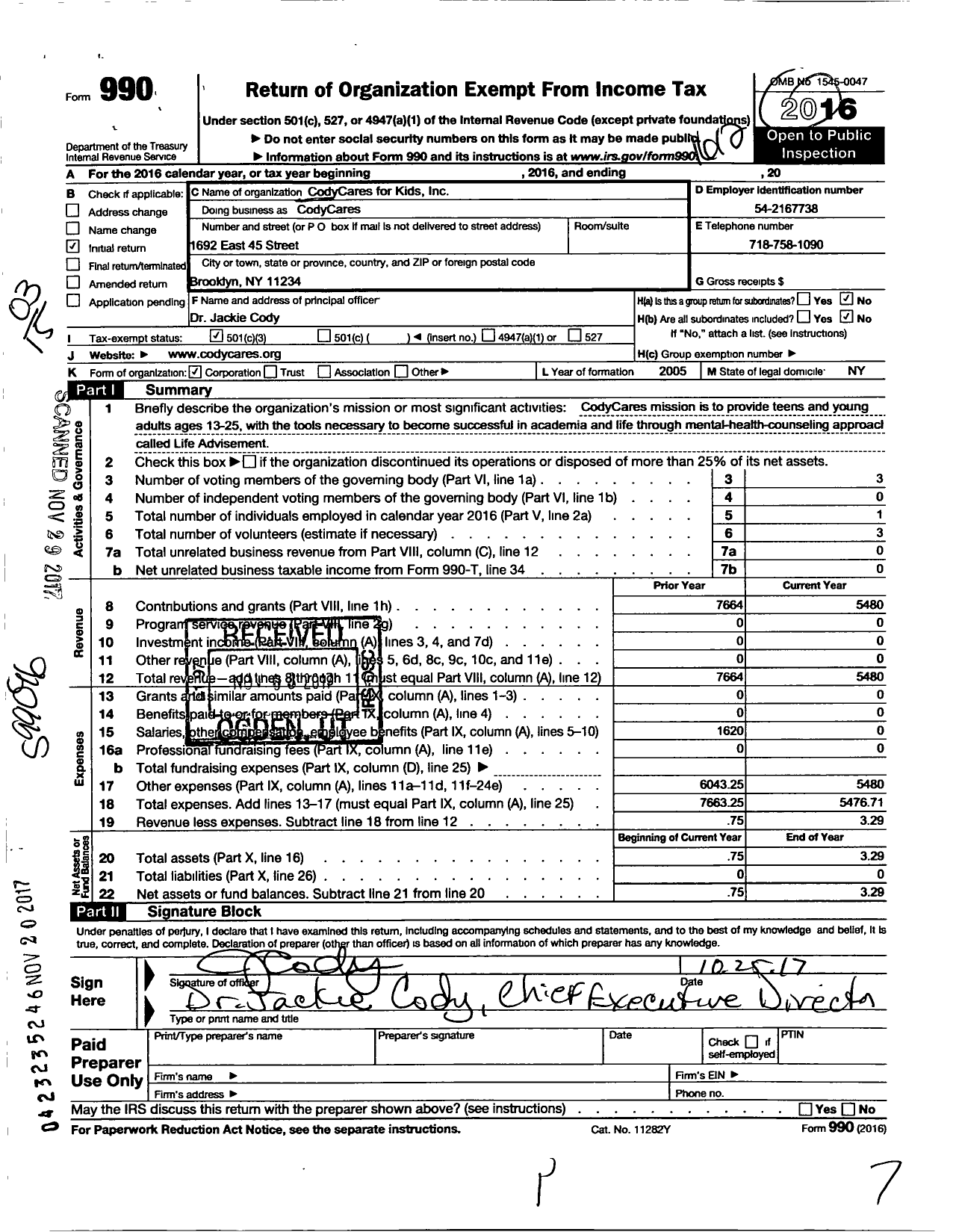 Image of first page of 2016 Form 990 for Codycares for Kids