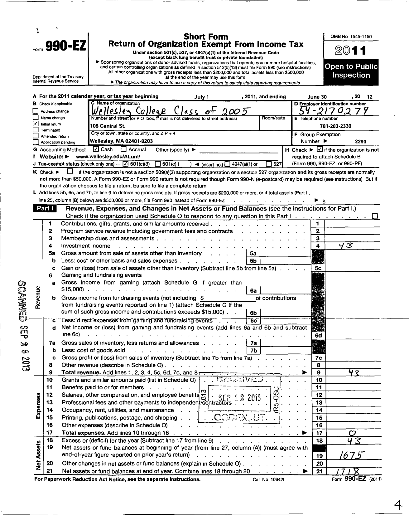 Image of first page of 2011 Form 990EZ for Wellesley College Alumnae Association - 2005 Class