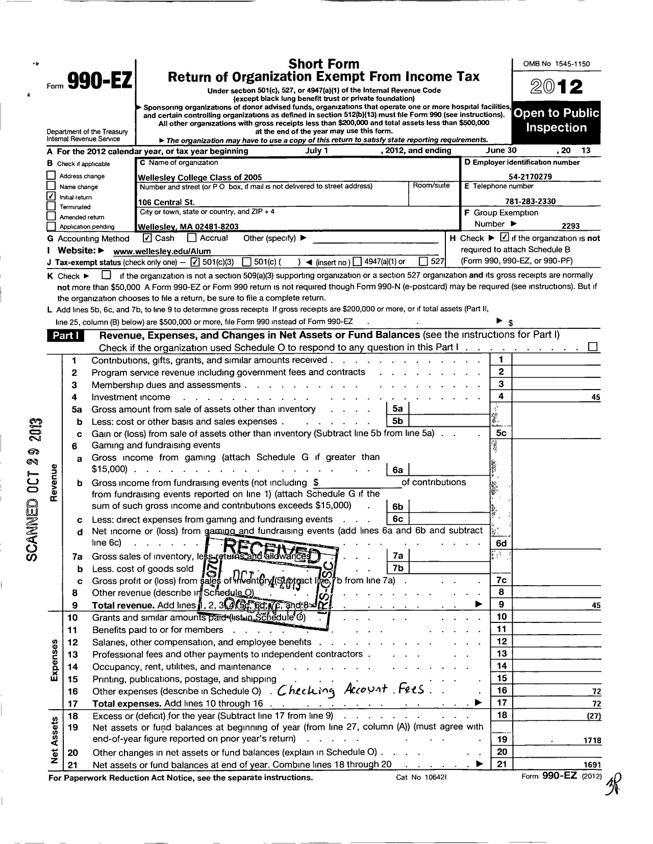 Image of first page of 2012 Form 990EZ for Wellesley College Alumnae Association - 2005 Class