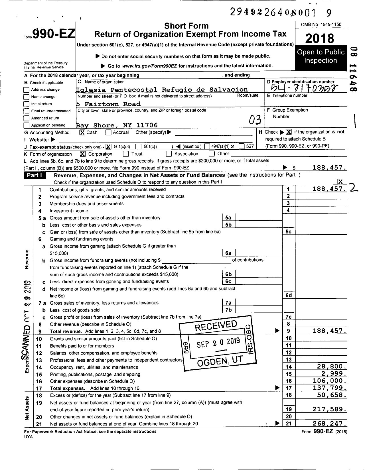 Image of first page of 2018 Form 990EZ for Iglesia Pentecostal Refugio de Salvacion de Copiague