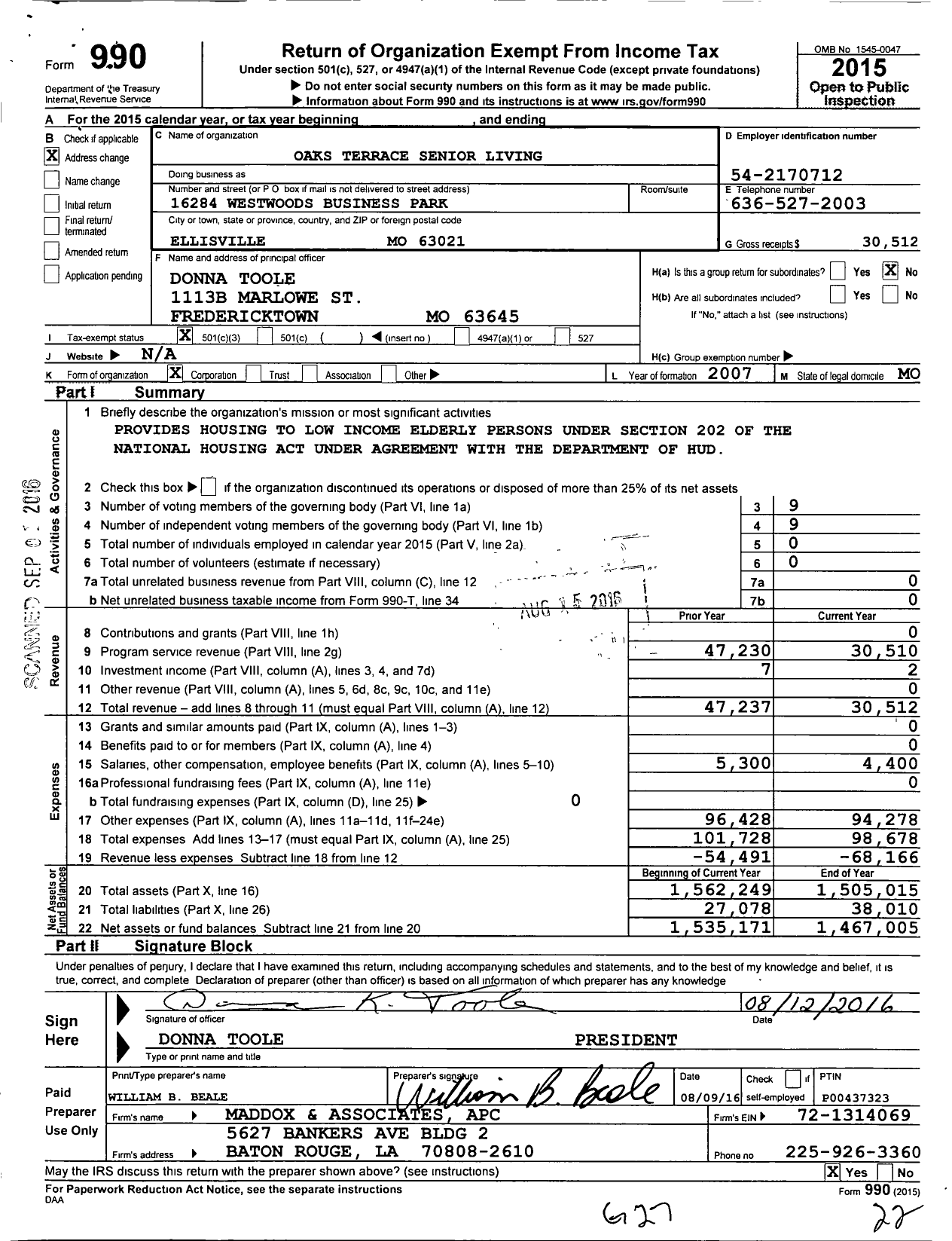 Image of first page of 2015 Form 990 for Madison County Senior Housing