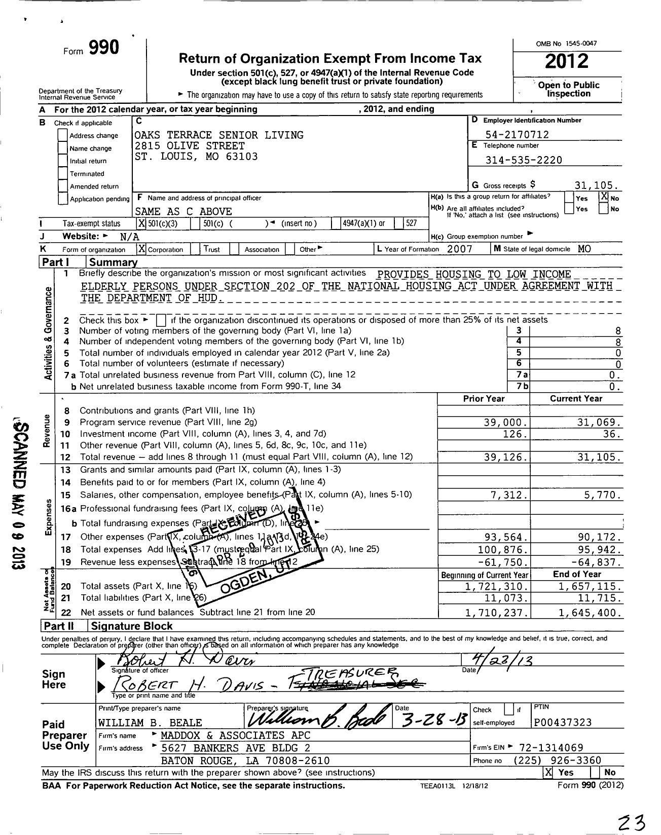 Image of first page of 2012 Form 990 for Madison County Senior Housing