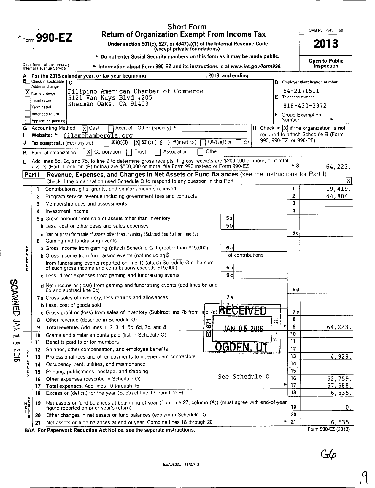 Image of first page of 2013 Form 990EO for Filipino American Chamber of Commerce of Greater LA