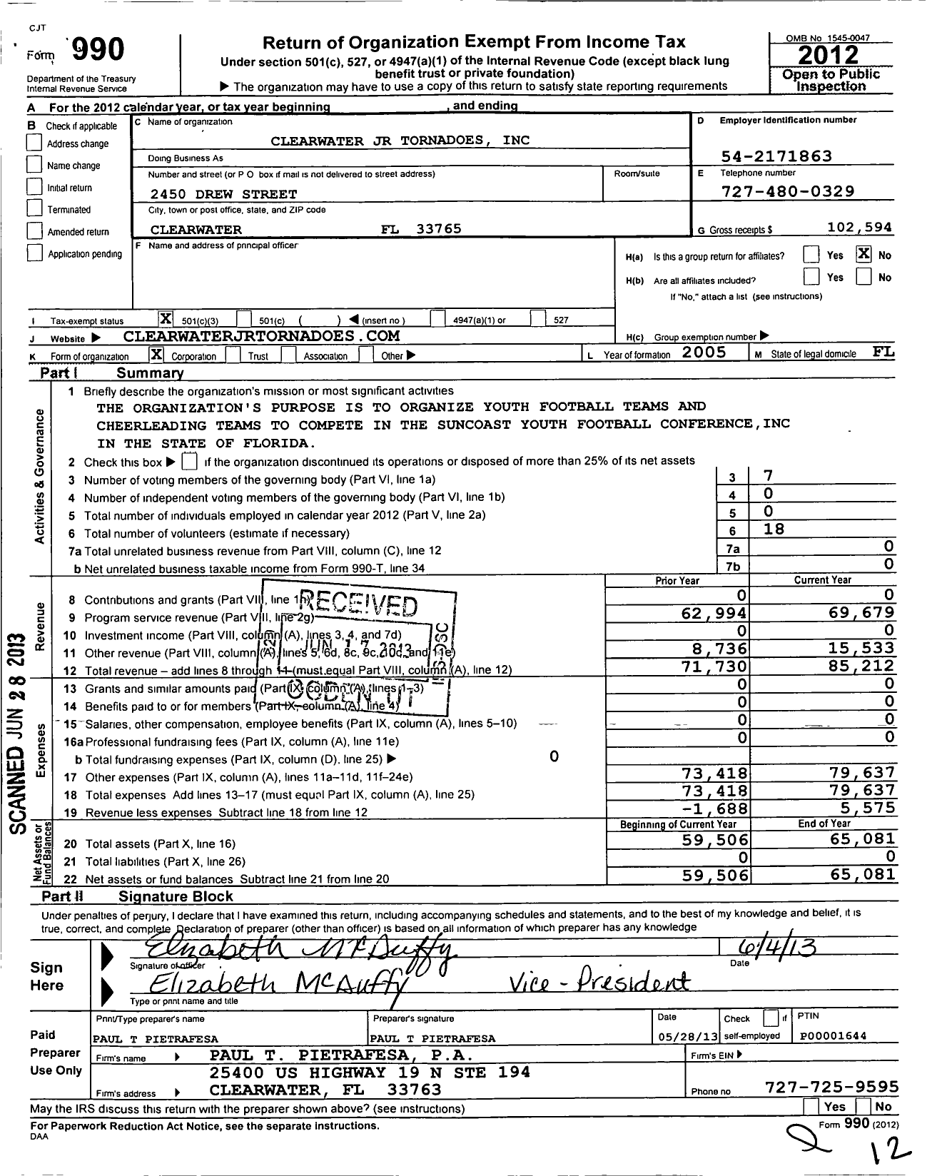 Image of first page of 2012 Form 990 for Clearwater JR Tornadoes