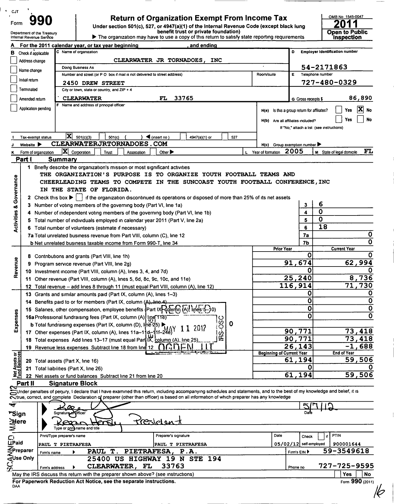 Image of first page of 2011 Form 990 for Clearwater JR Tornadoes