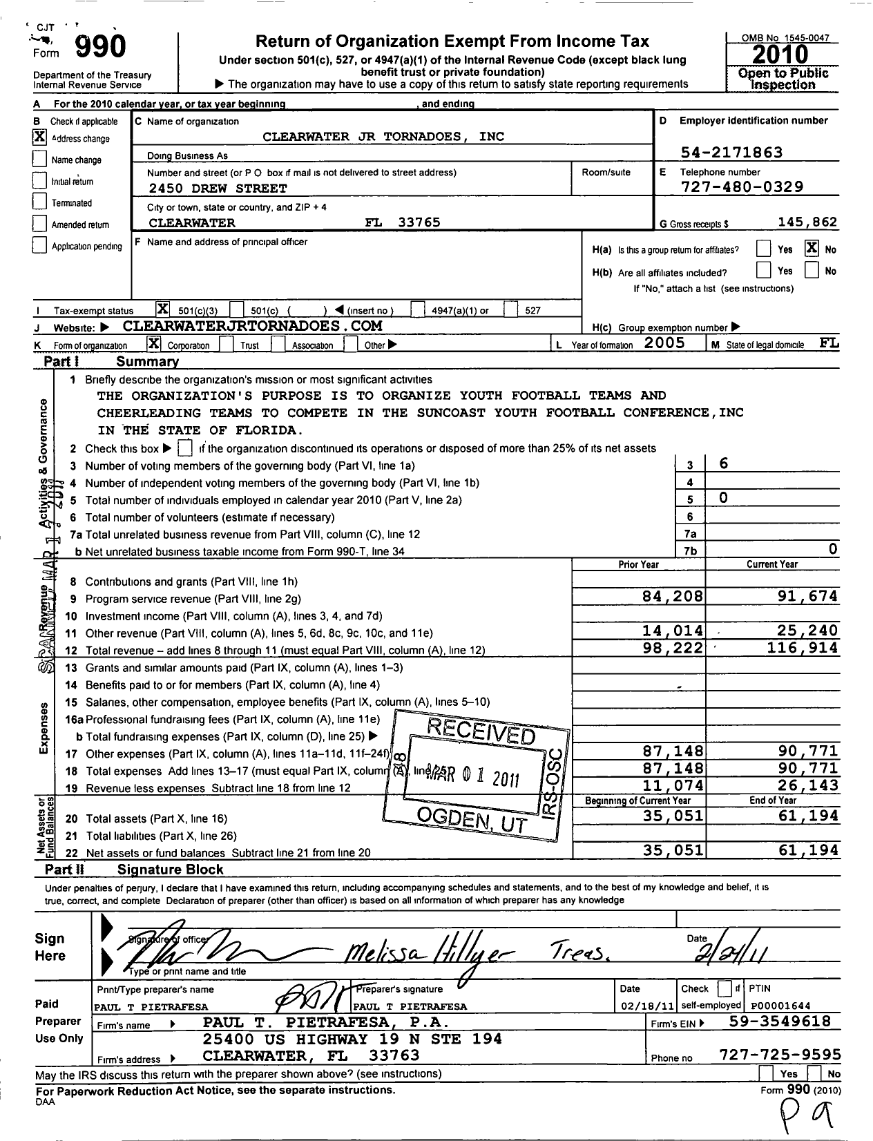 Image of first page of 2010 Form 990 for Clearwater JR Tornadoes