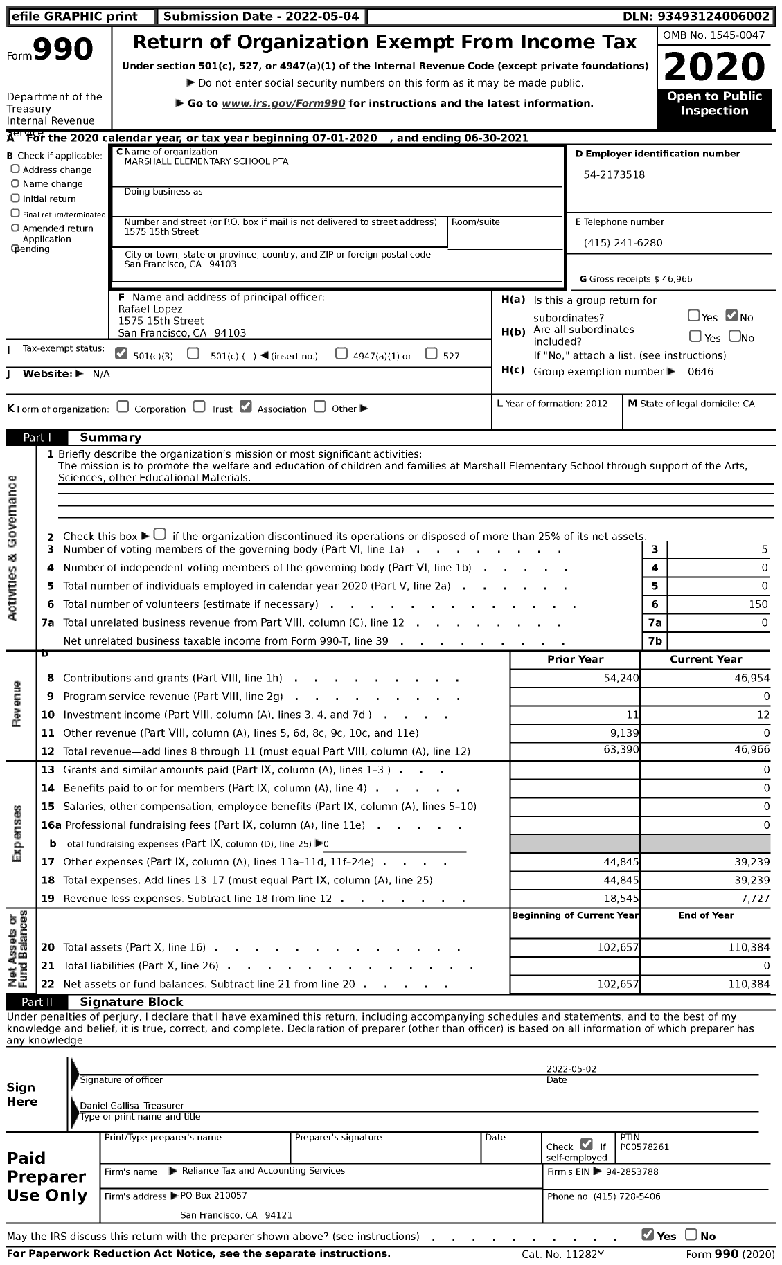 Image of first page of 2020 Form 990 for California State PTA - 5901 Marshall Elementary School PTA