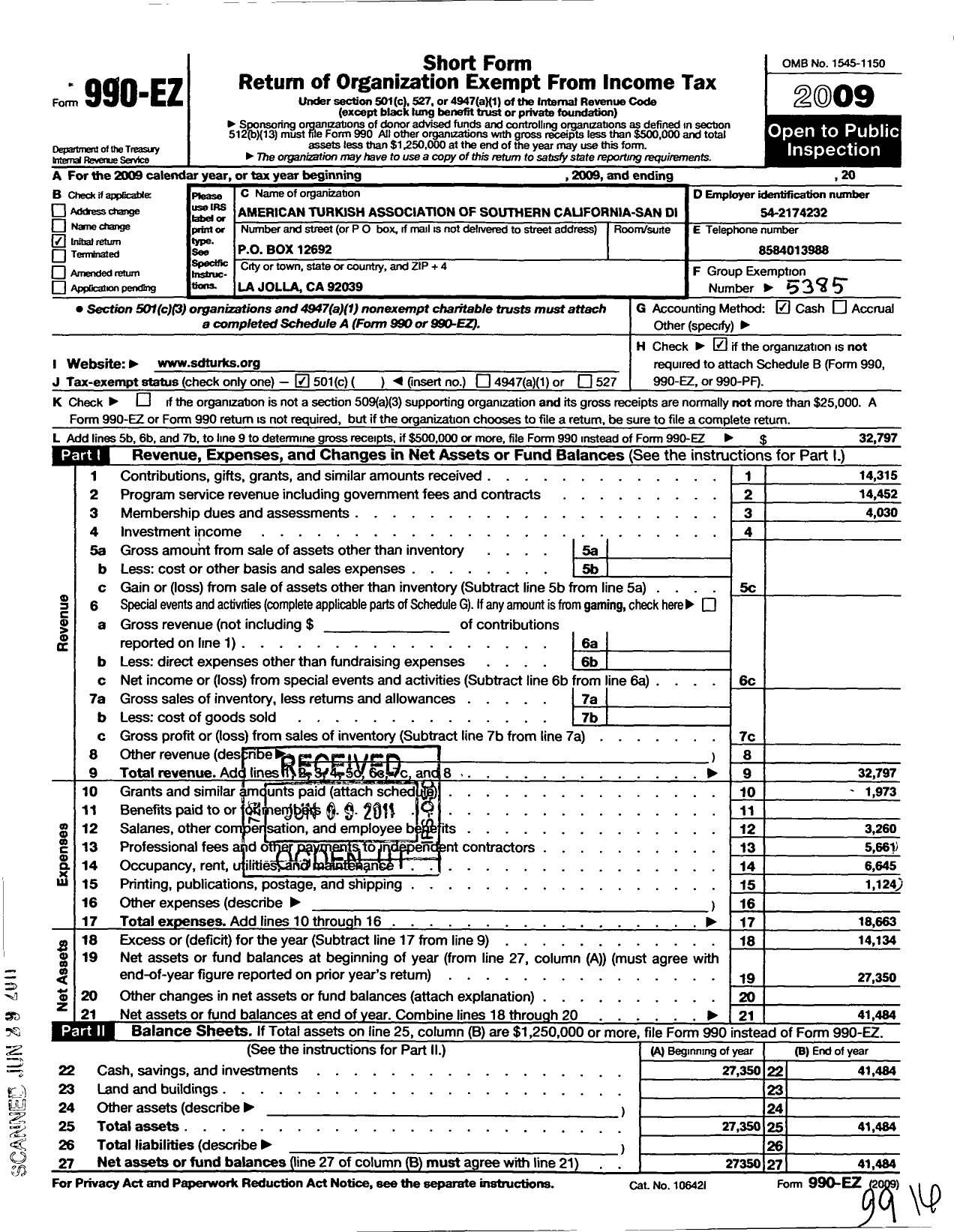 Image of first page of 2009 Form 990EO for American-Turkish Association of Southern California / San Diego Atasc-Sd