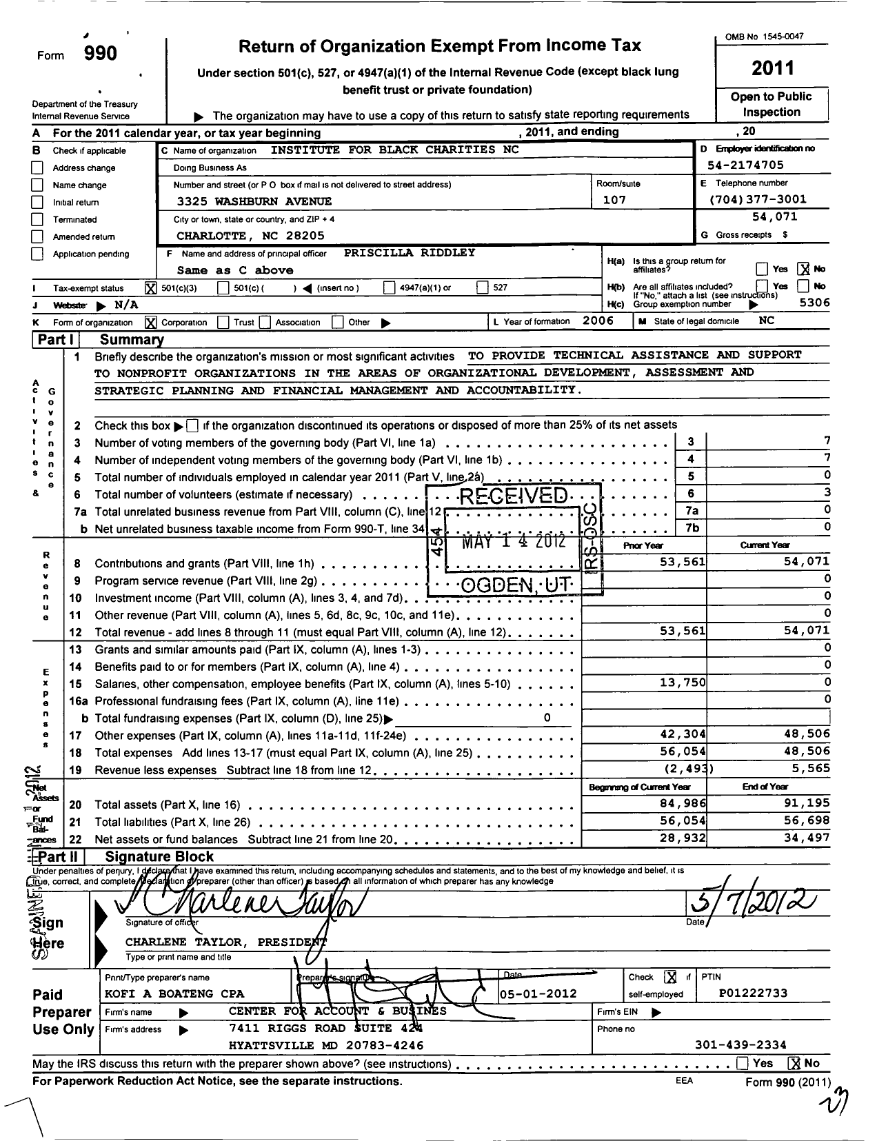 Image of first page of 2011 Form 990 for Institute for Black Charities North Carolina Chapter