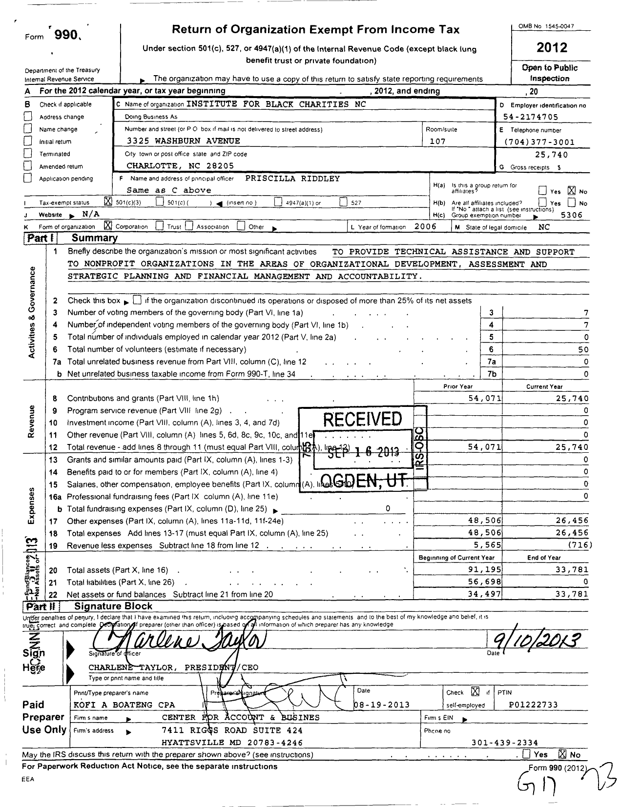 Image of first page of 2012 Form 990 for Institute for Black Charities North Carolina Chapter