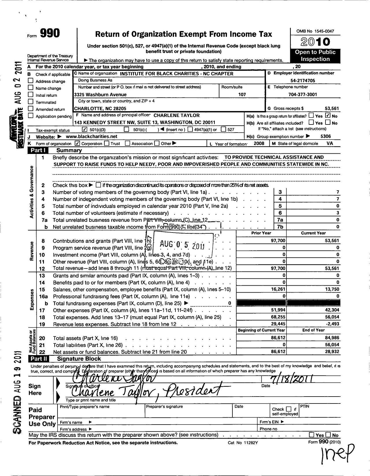 Image of first page of 2010 Form 990 for Institute for Black Charities North Carolina Chapter