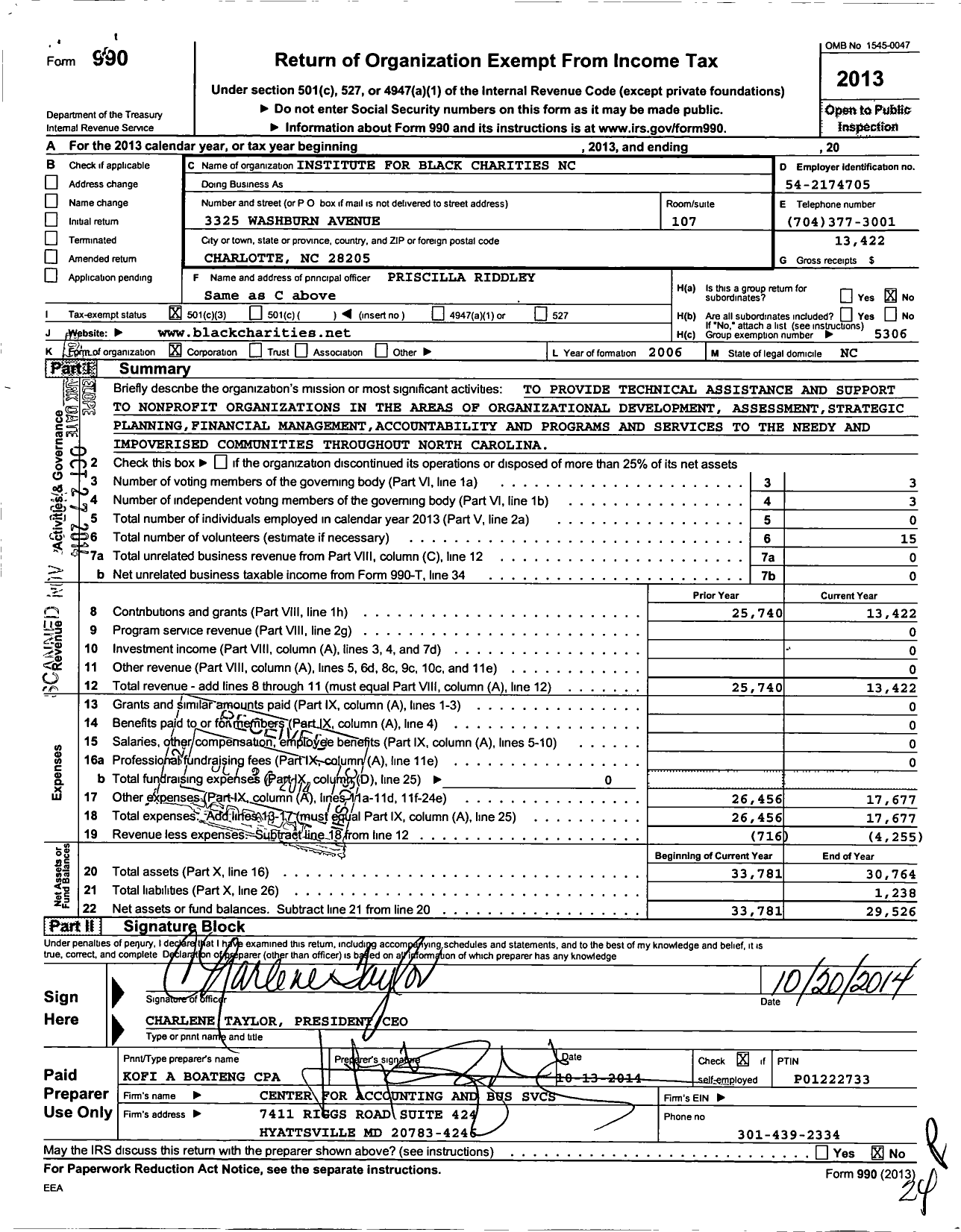 Image of first page of 2013 Form 990 for Institute for Black Charities North Carolina Chapter