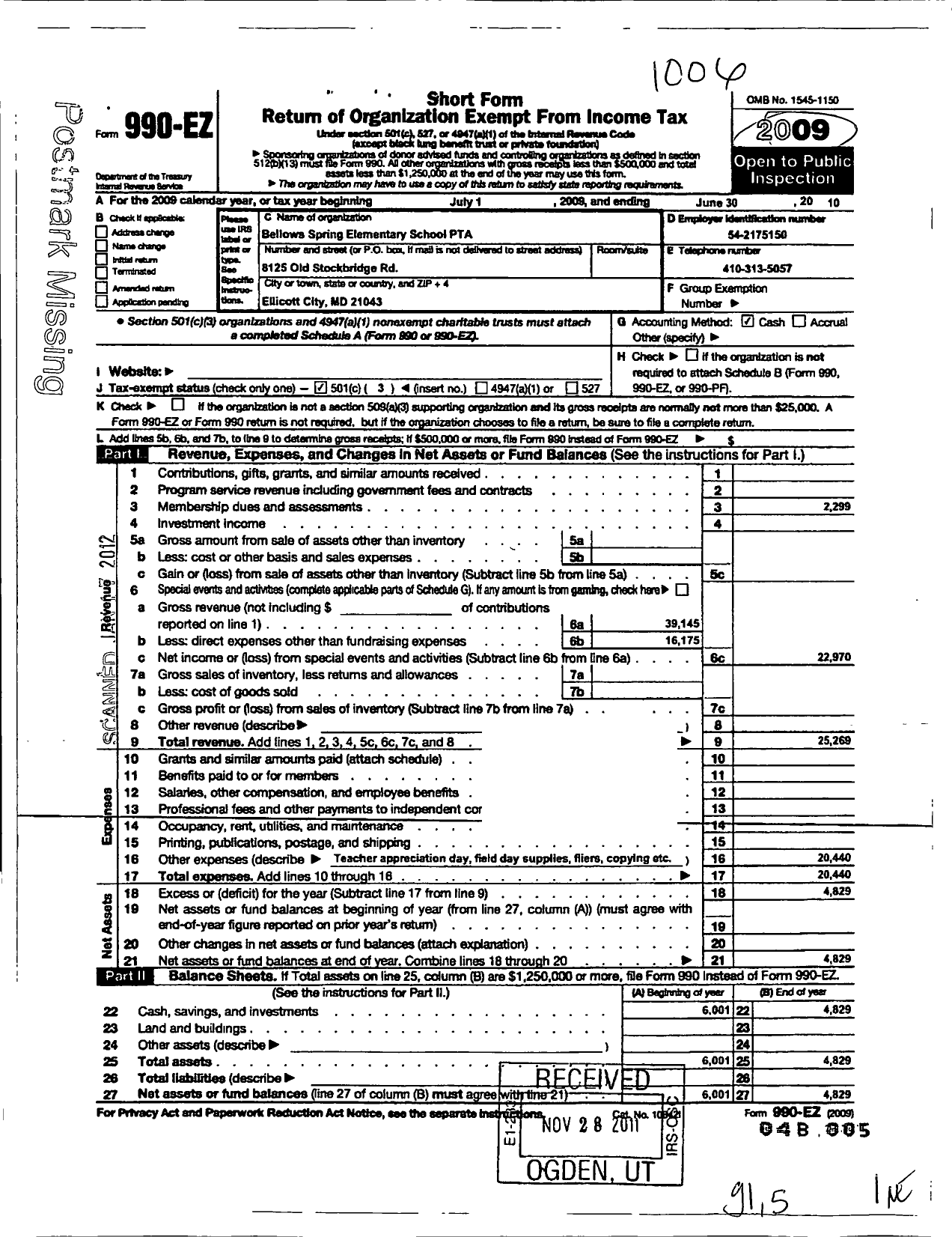 Image of first page of 2009 Form 990EZ for PTA Delware Congress