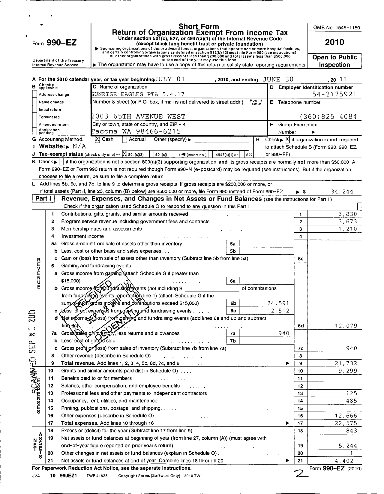 Image of first page of 2010 Form 990EZ for Sunrise Eagles PTA 5 4 17