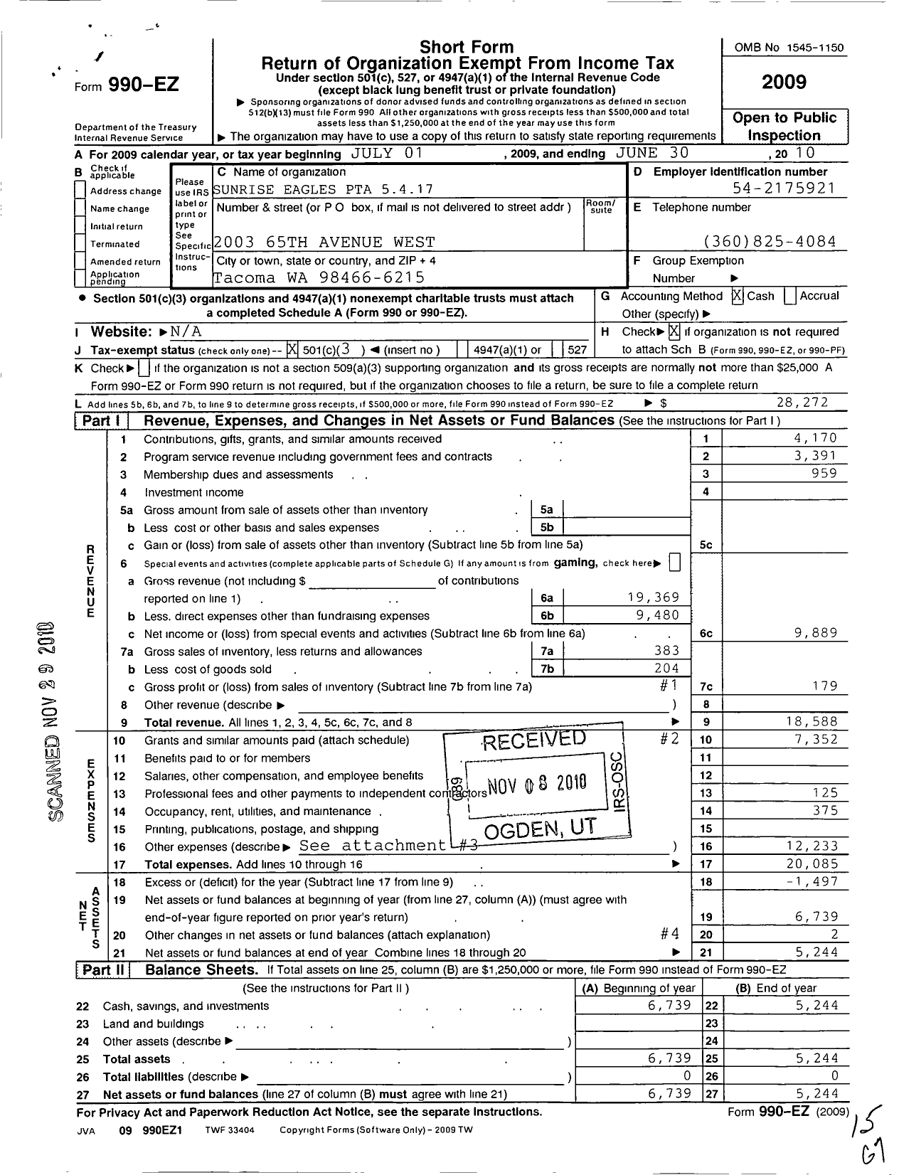 Image of first page of 2009 Form 990EZ for Sunrise Eagles PTA 5 4 17