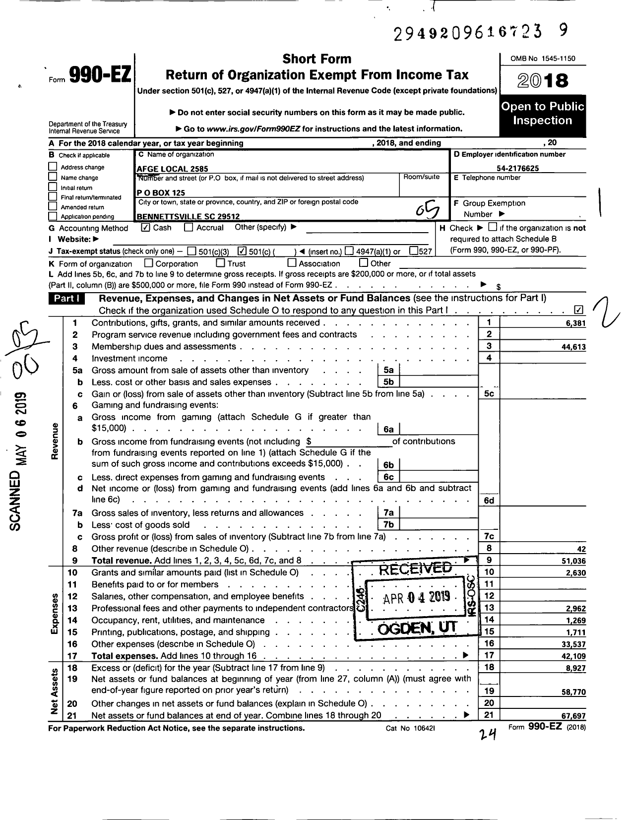 Image of first page of 2018 Form 990EO for American Federation of Government Employees - 2585 Afge Bop Local