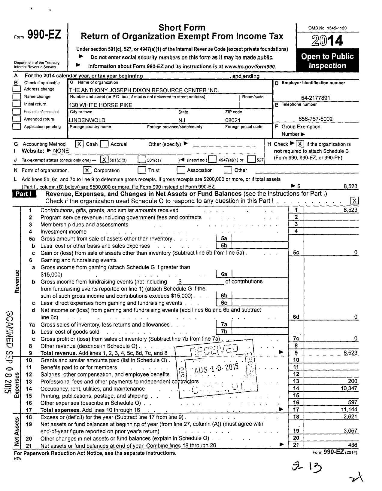 Image of first page of 2014 Form 990EZ for Anthony Joseph Dixon Resource Center