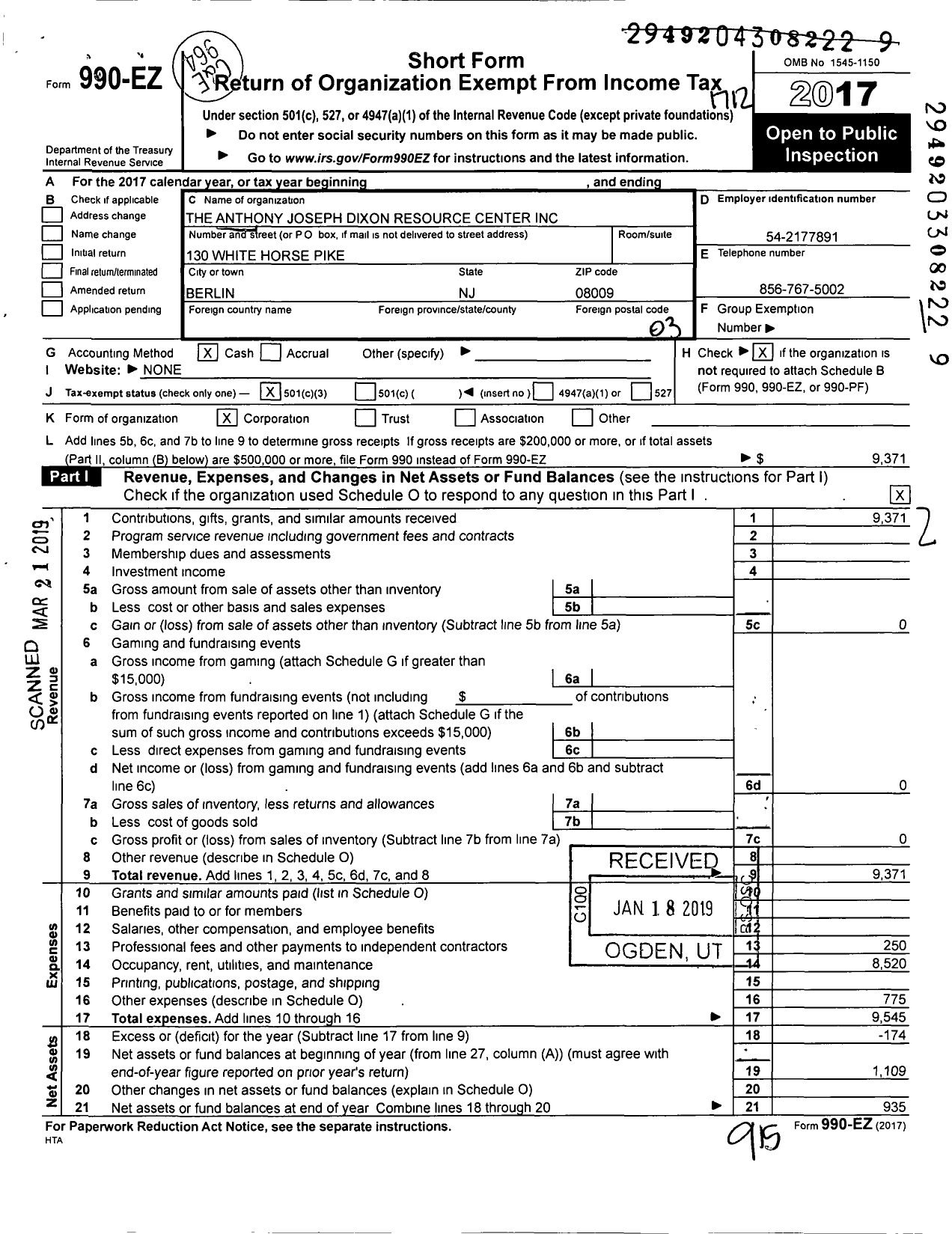 Image of first page of 2017 Form 990EZ for Anthony Joseph Dixon Resource Center