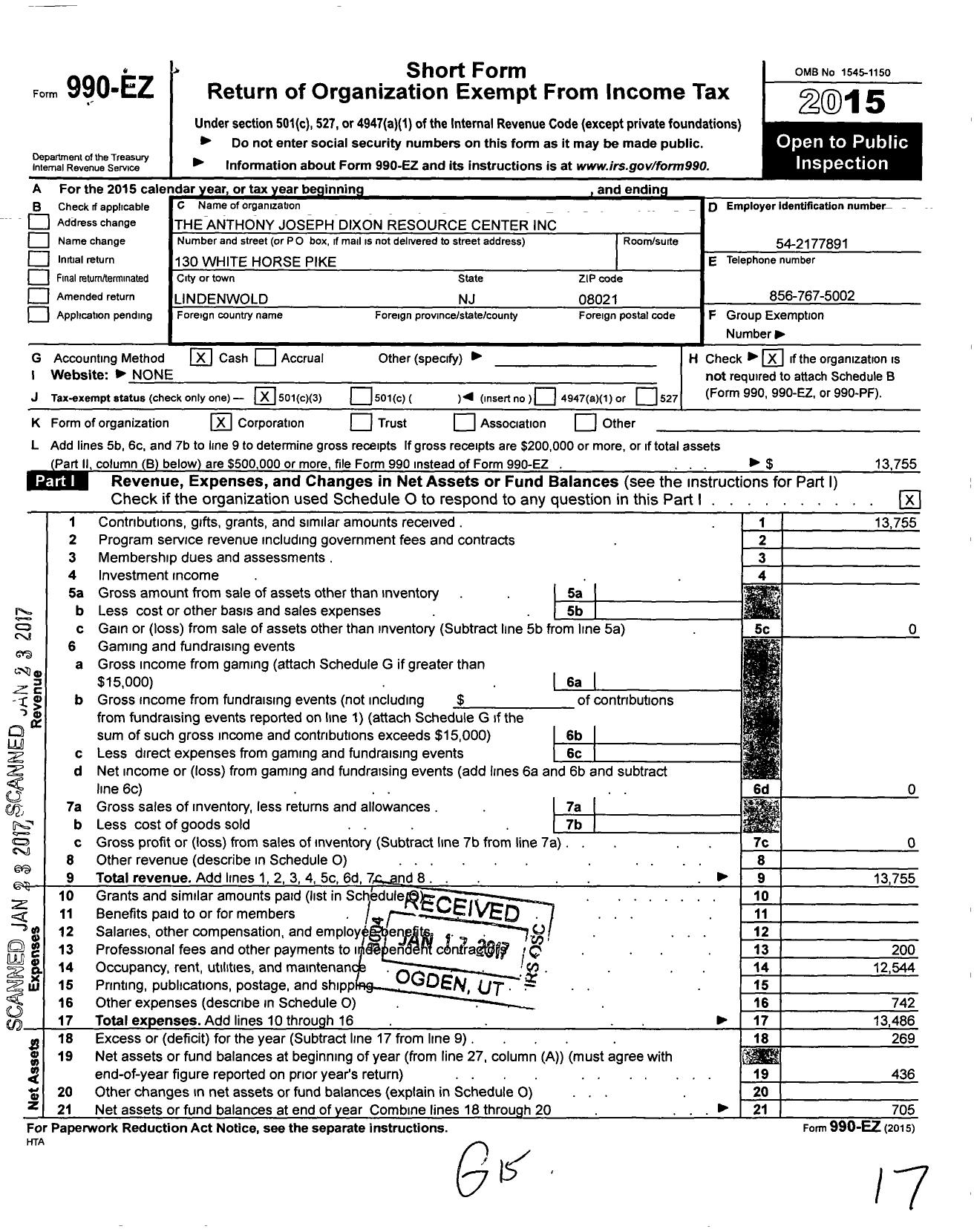 Image of first page of 2015 Form 990EZ for Anthony Joseph Dixon Resource Center