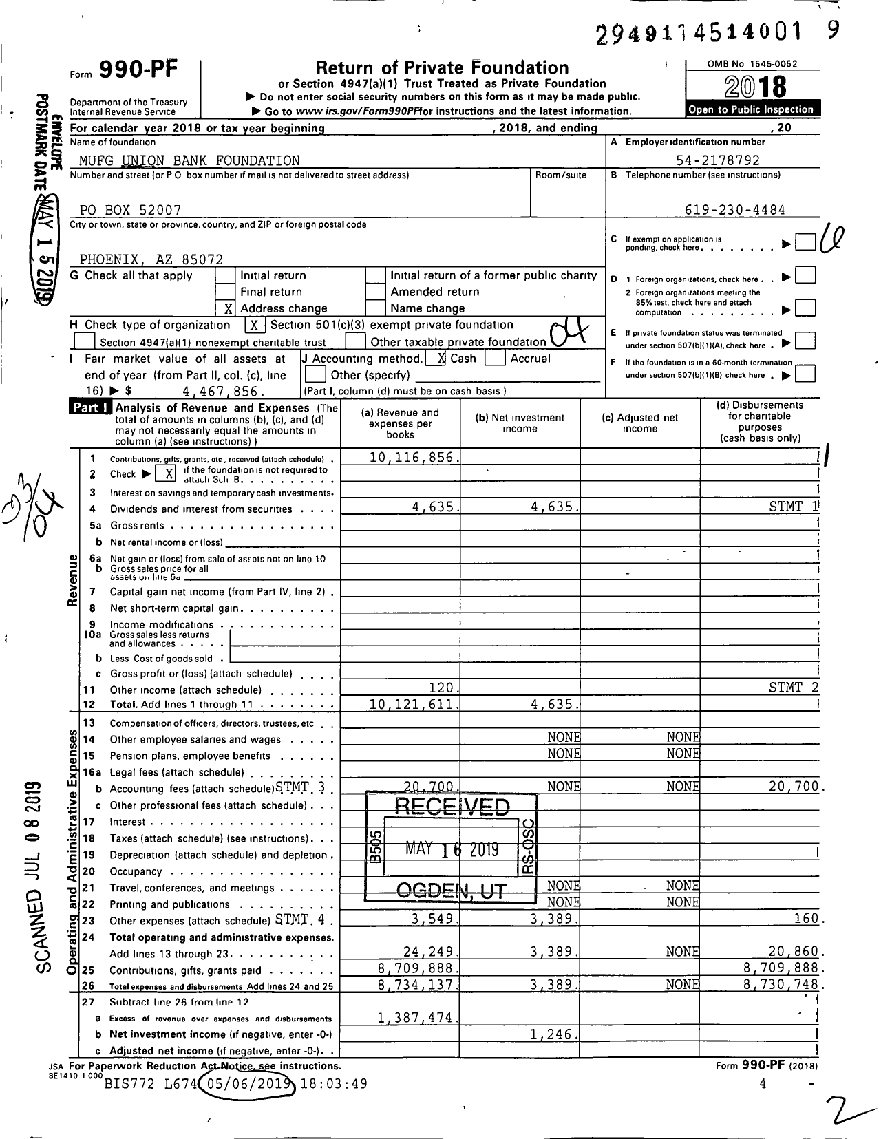 Image of first page of 2018 Form 990PF for MUFG Union Bank Foundation