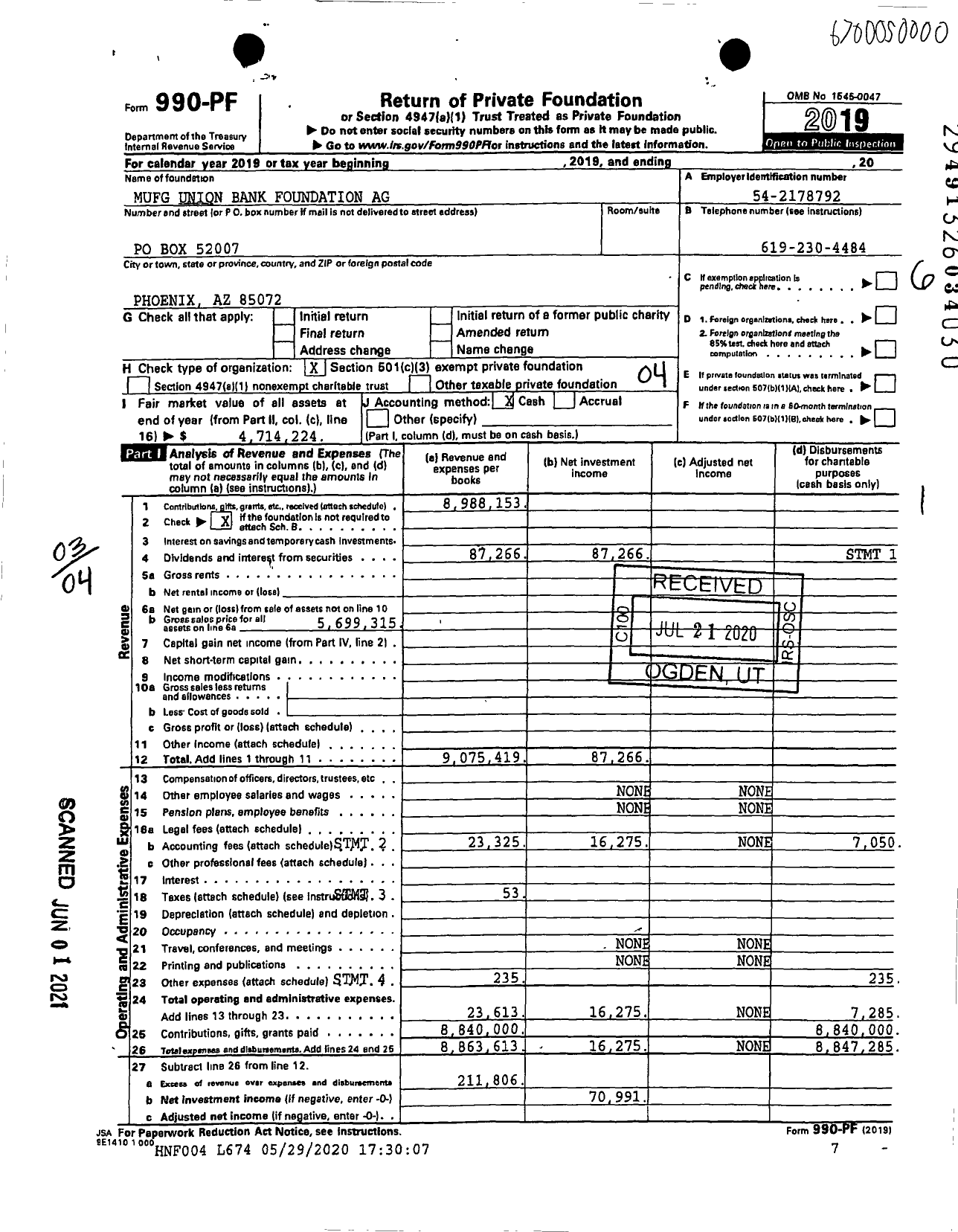 Image of first page of 2019 Form 990PF for MUFG Union Bank Foundation