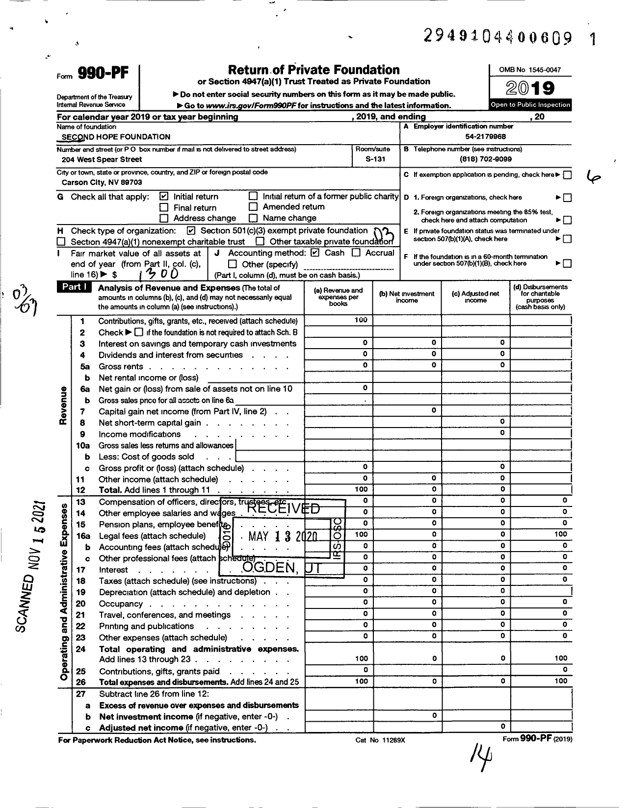 Image of first page of 2019 Form 990PF for Second Hope Foundation