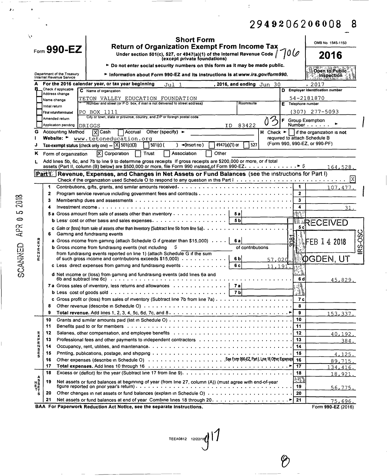 Image of first page of 2016 Form 990EZ for Education Foundation of Teton Valley