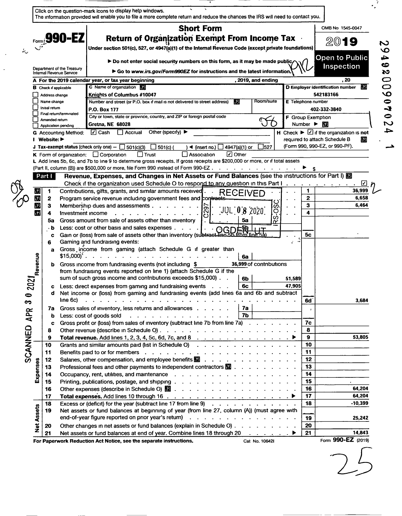 Image of first page of 2019 Form 990EO for Knights of Columbus # 10047