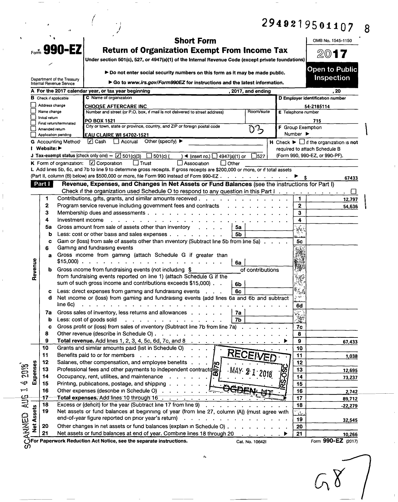 Image of first page of 2017 Form 990EZ for Choose Aftercare