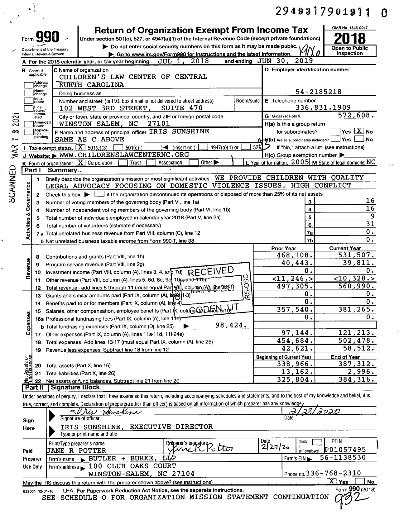 Image of first page of 2018 Form 990 for Children's Law Center of Central North Carolina
