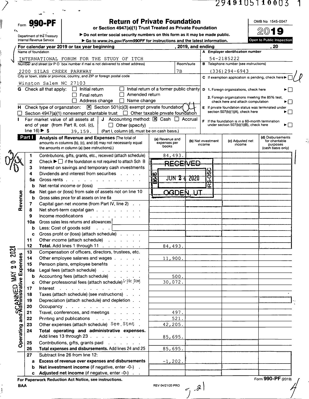 Image of first page of 2019 Form 990PF for International Forum for the Study of Itch