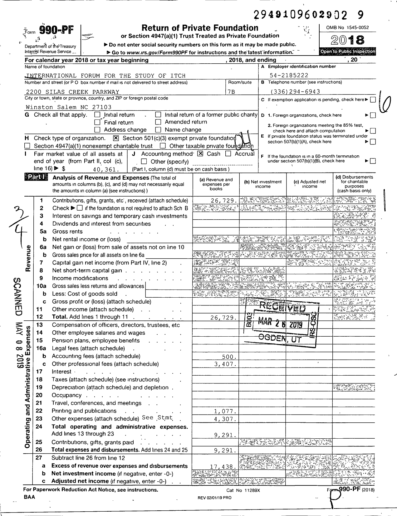 Image of first page of 2018 Form 990PF for International Forum for the Study of Itch