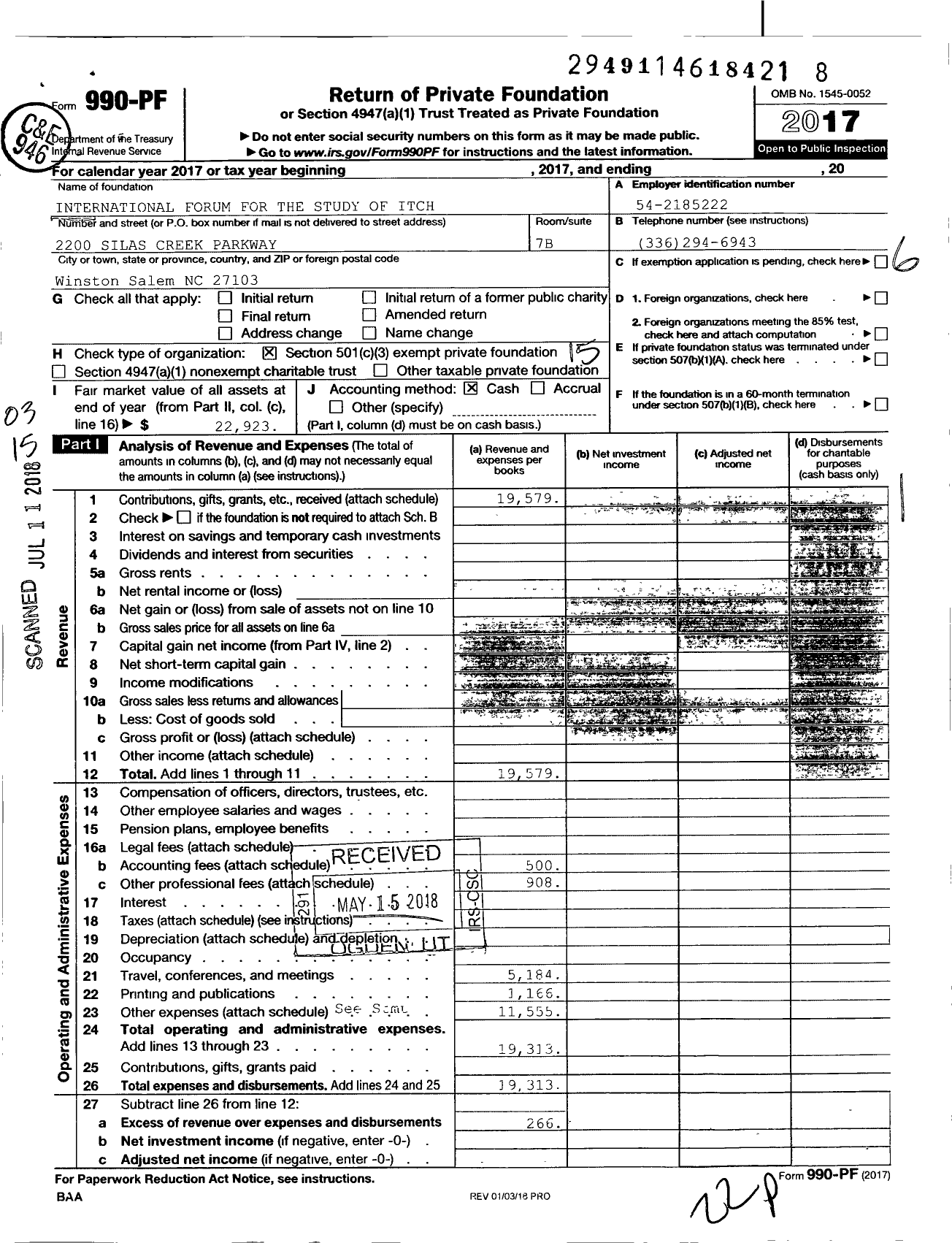 Image of first page of 2017 Form 990PF for International Forum for the Study of Itch