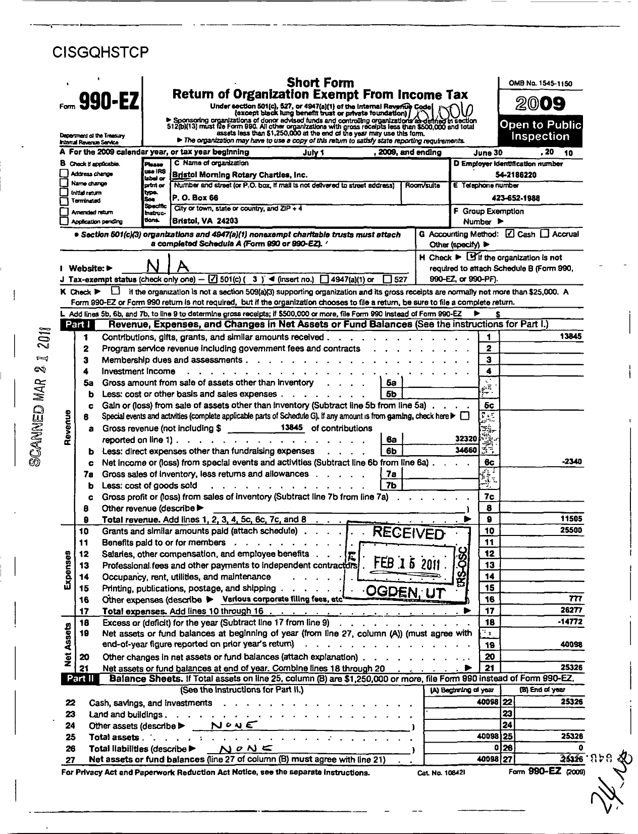 Image of first page of 2009 Form 990EZ for Bristol Morning Rotary Charities
