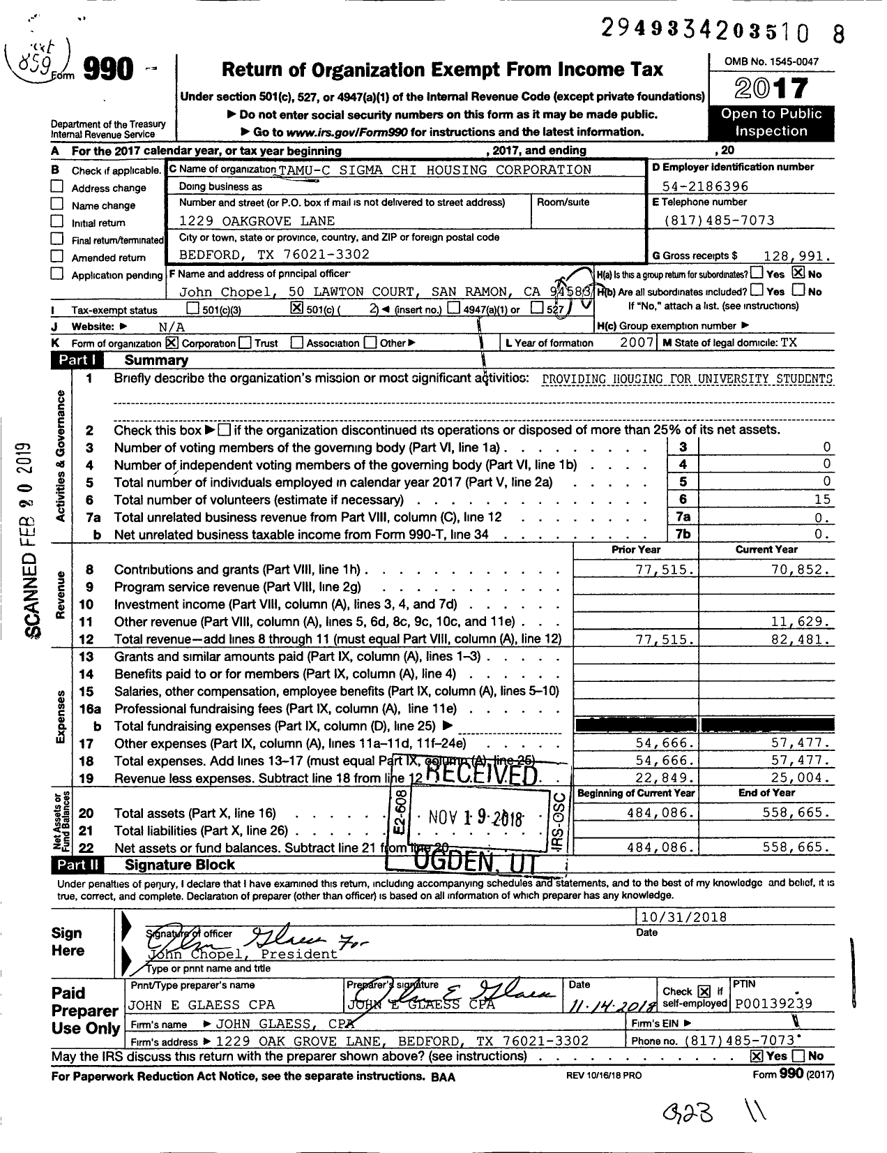 Image of first page of 2017 Form 990O for Tamu-C Sigma Chi Housing Corporation