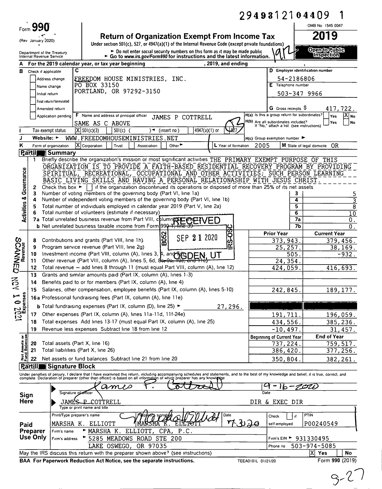 Image of first page of 2019 Form 990 for Freedom House Ministries