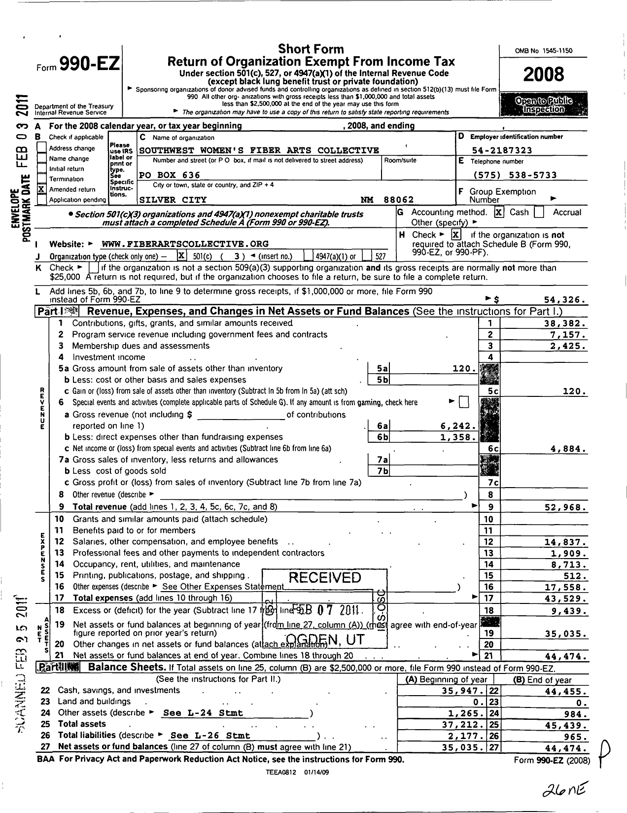 Image of first page of 2008 Form 990EZ for Southwest Womens Fiber Arts Collective