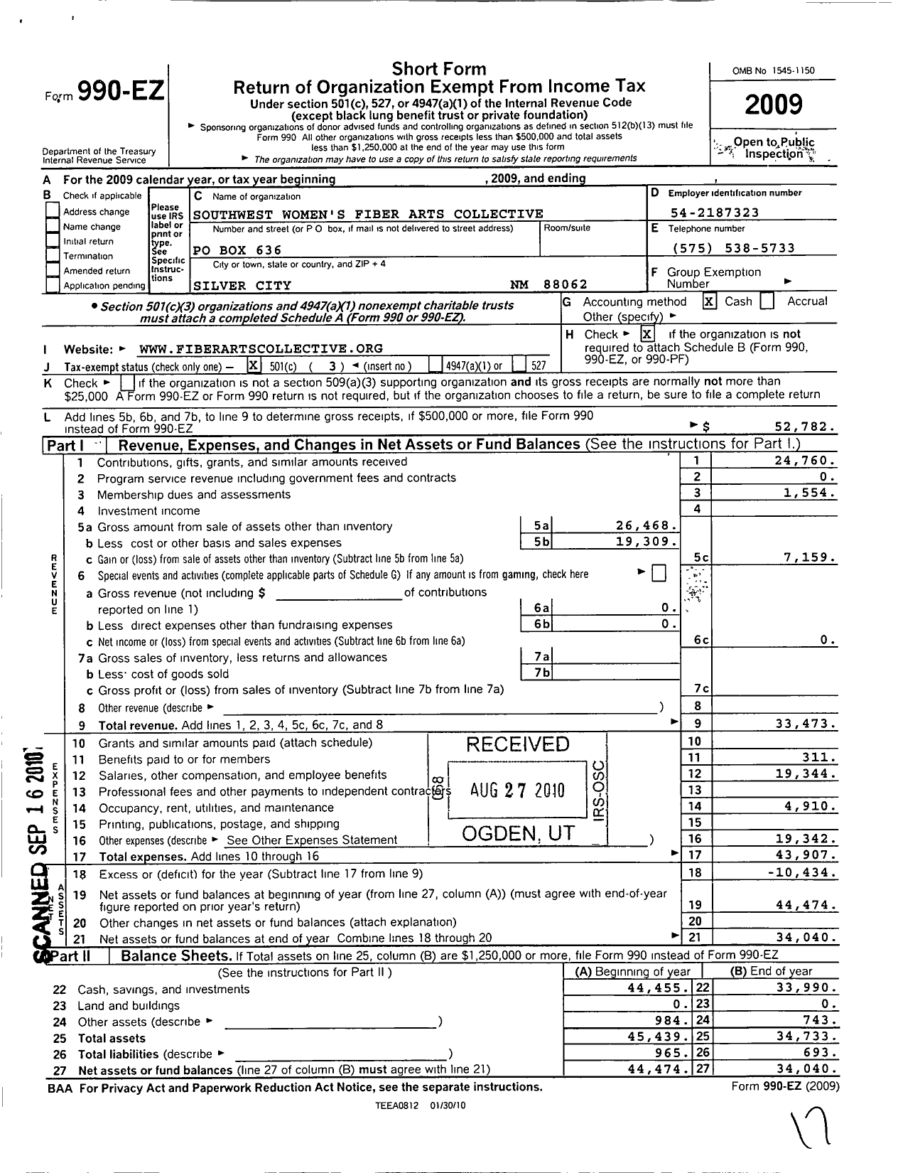 Image of first page of 2009 Form 990EZ for Southwest Womens Fiber Arts Collective