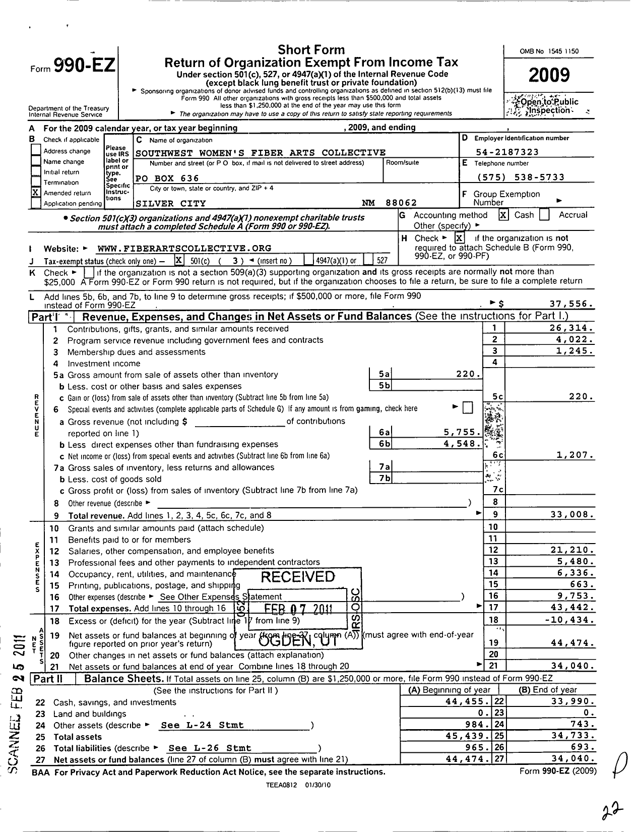 Image of first page of 2009 Form 990EZ for Southwest Womens Fiber Arts Collective