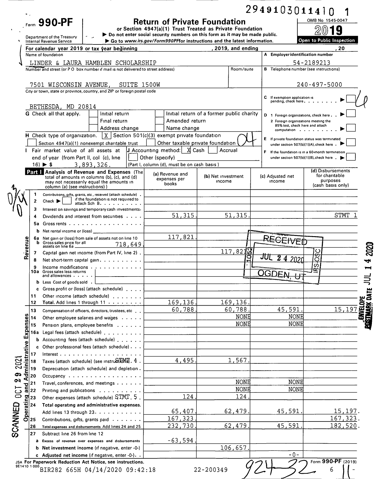 Image of first page of 2019 Form 990PF for Linder and Laura Hamblen Scholarship