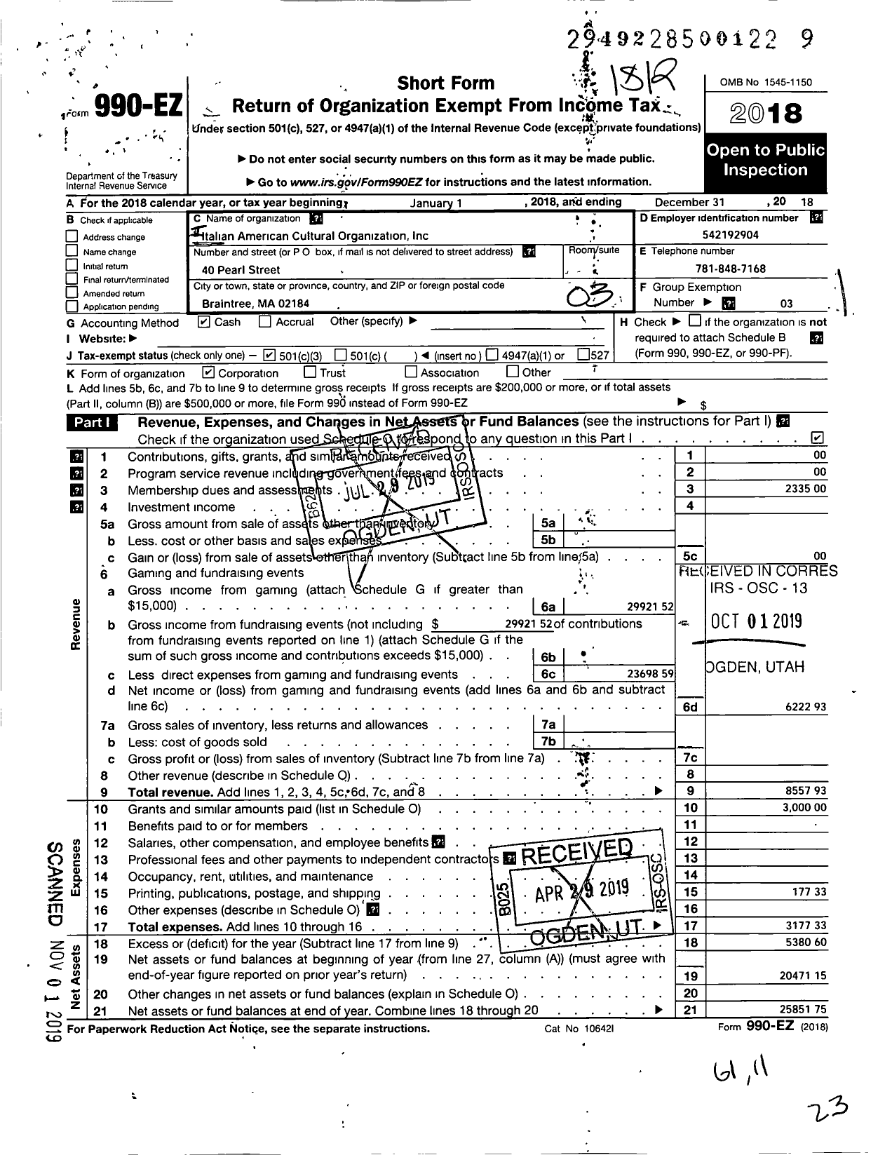 Image of first page of 2018 Form 990EZ for Italian American Cultural Organization