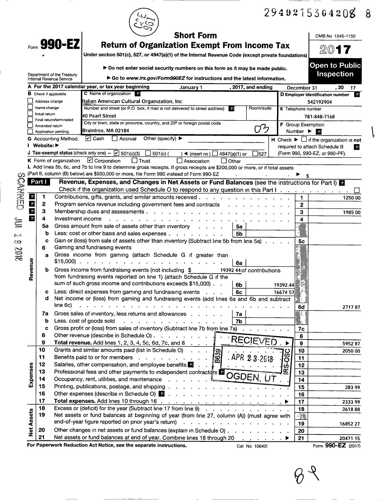 Image of first page of 2017 Form 990EZ for Italian American Cultural Organization