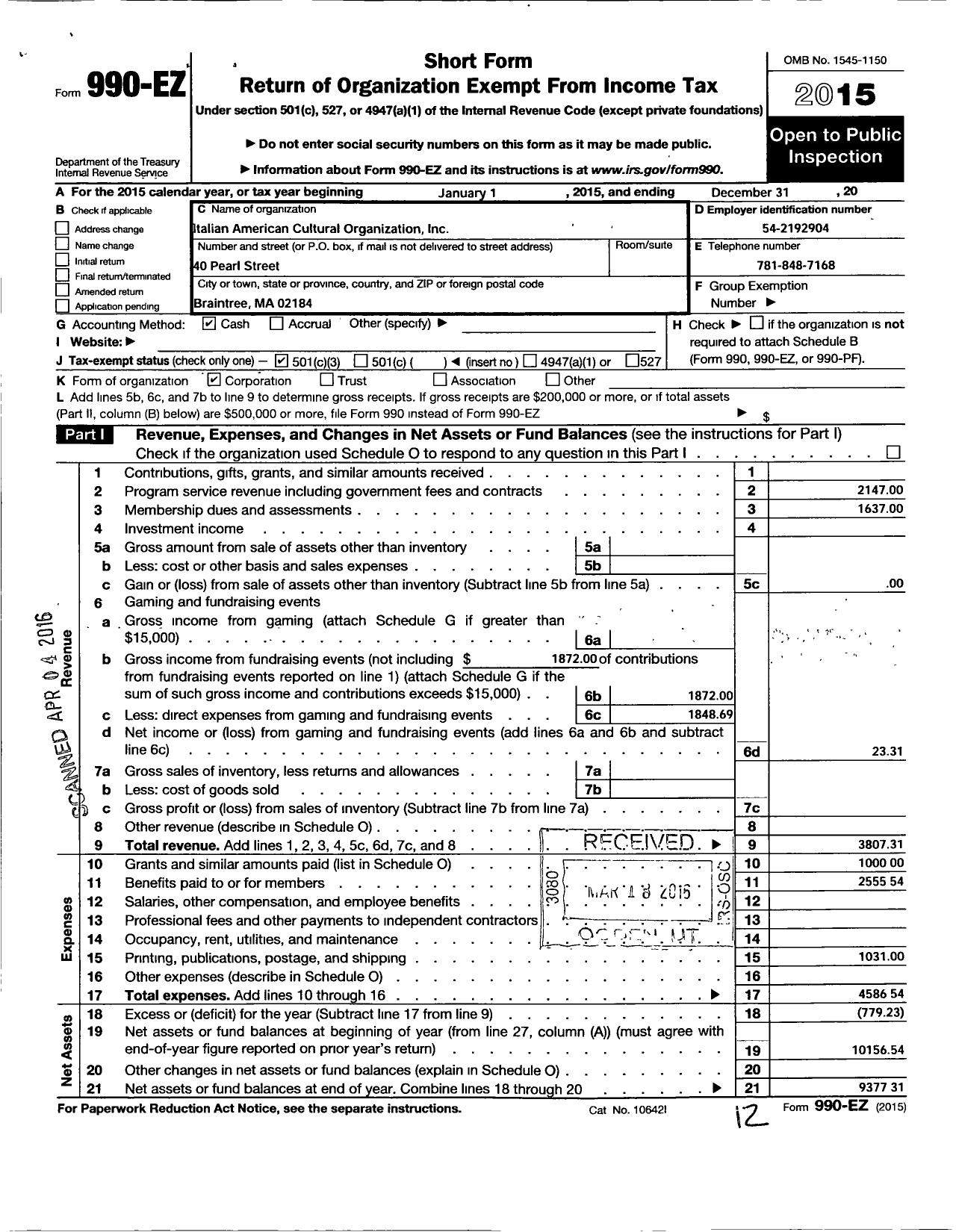 Image of first page of 2015 Form 990EZ for Italian American Cultural Organization