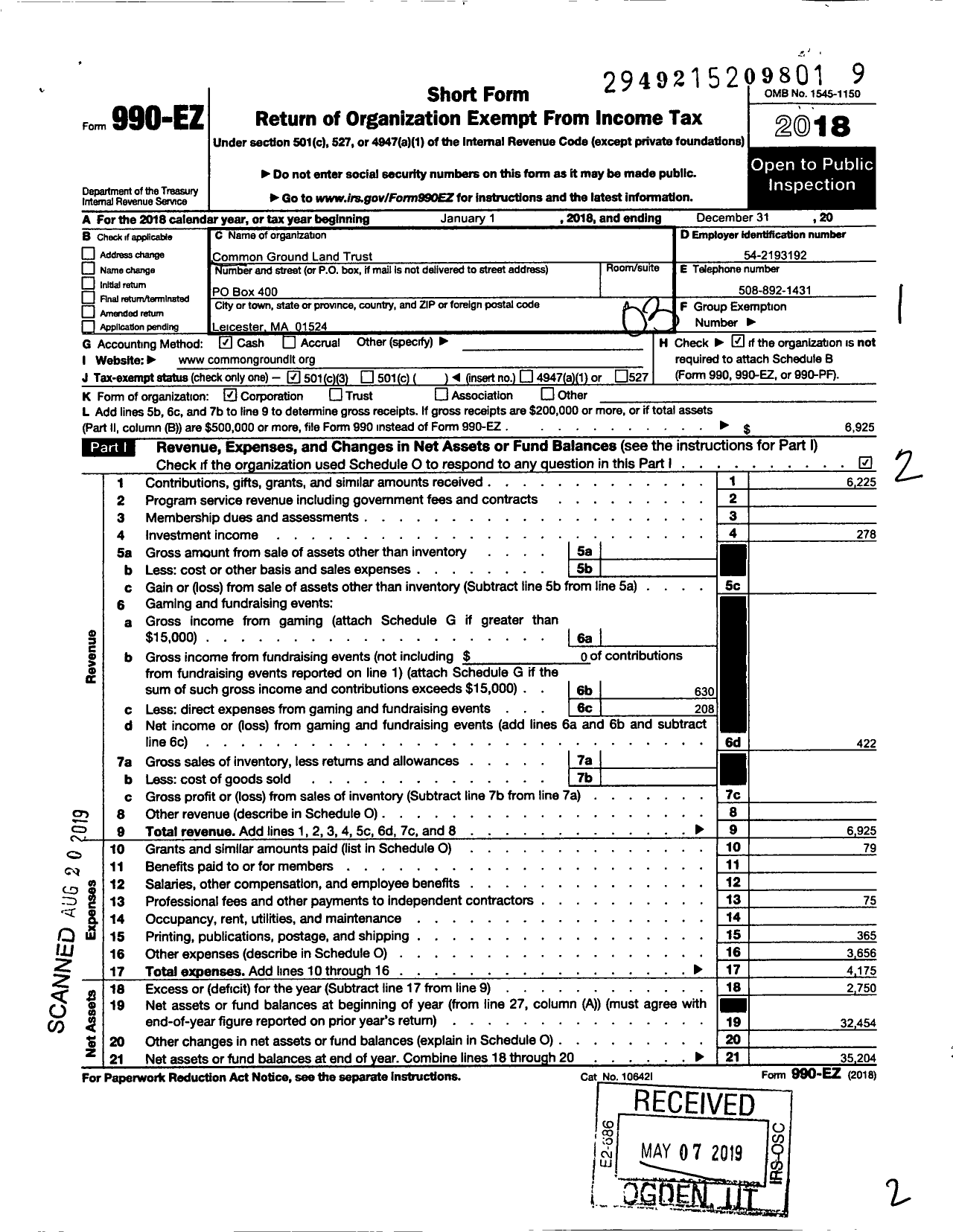 Image of first page of 2018 Form 990EZ for Common Ground Land Trust