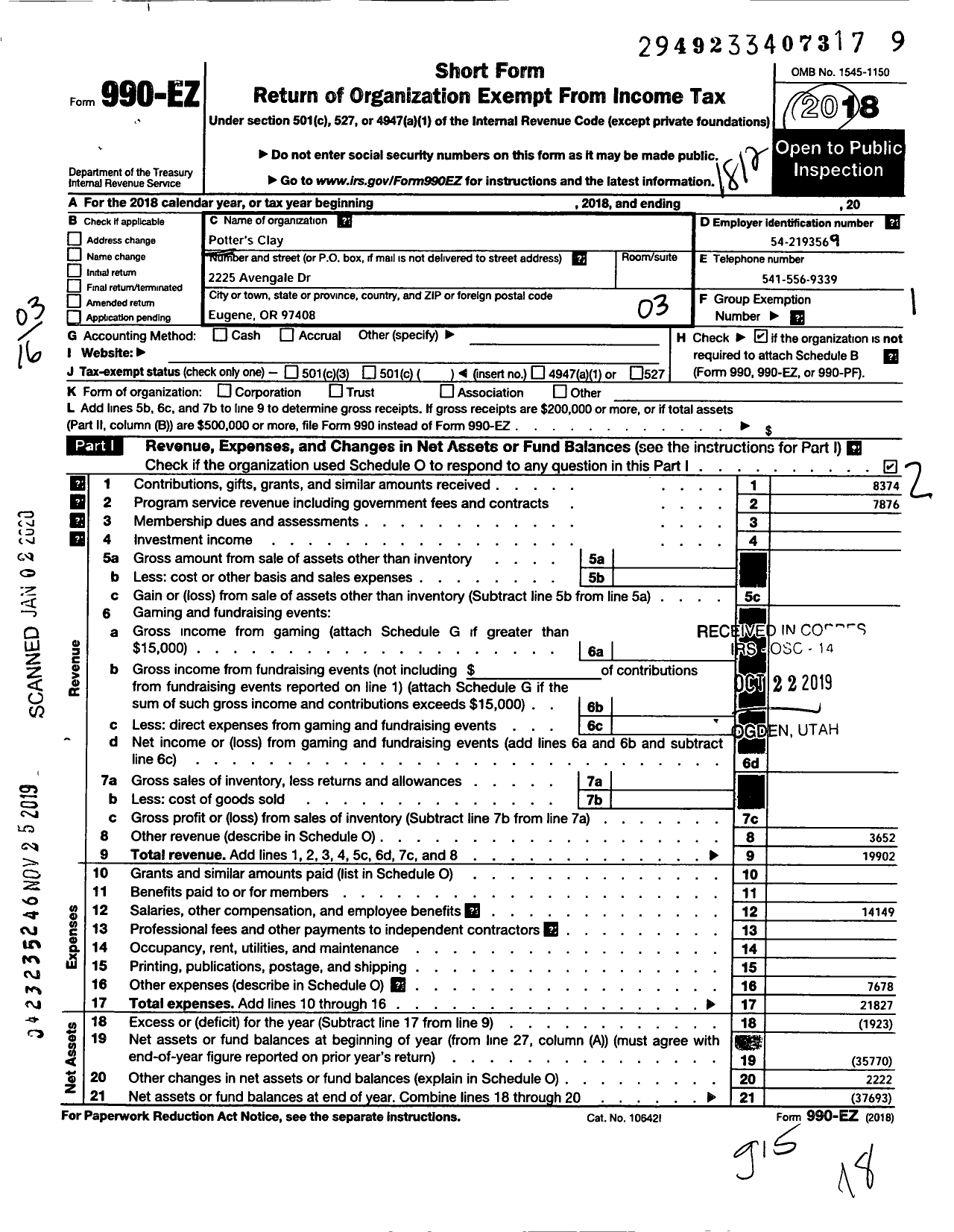 Image of first page of 2018 Form 990EZ for Potters Clay