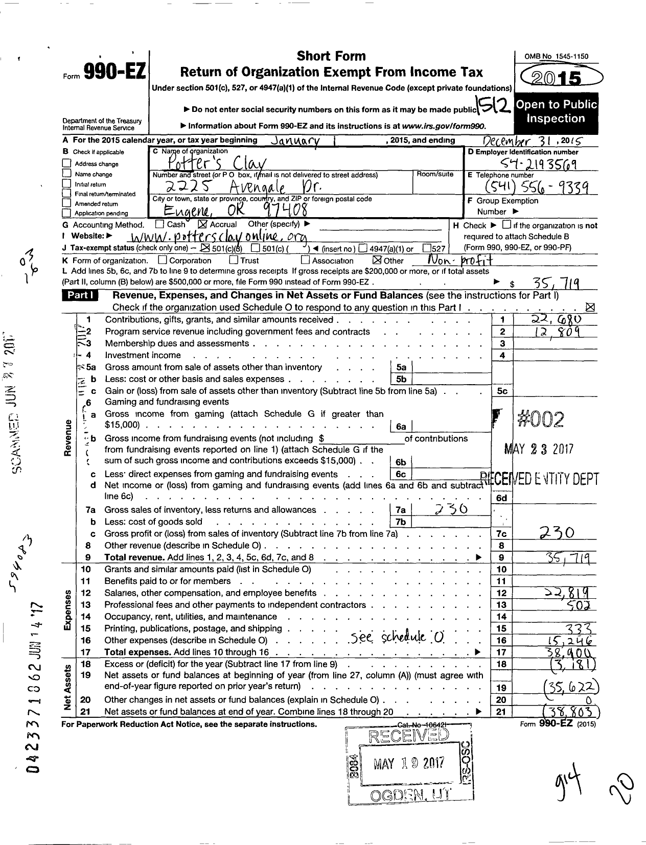 Image of first page of 2015 Form 990EZ for Potters Clay