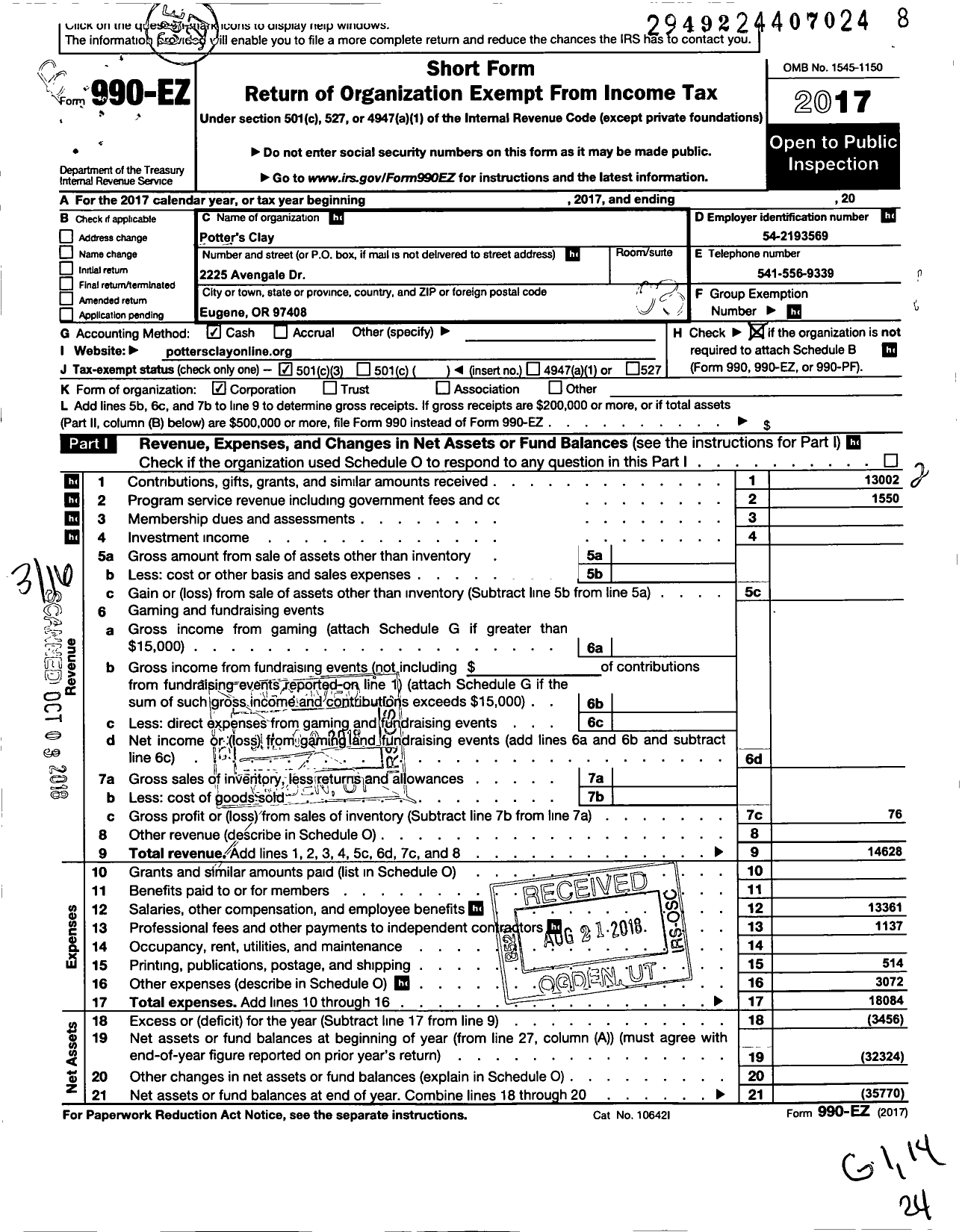 Image of first page of 2017 Form 990EZ for Potters Clay